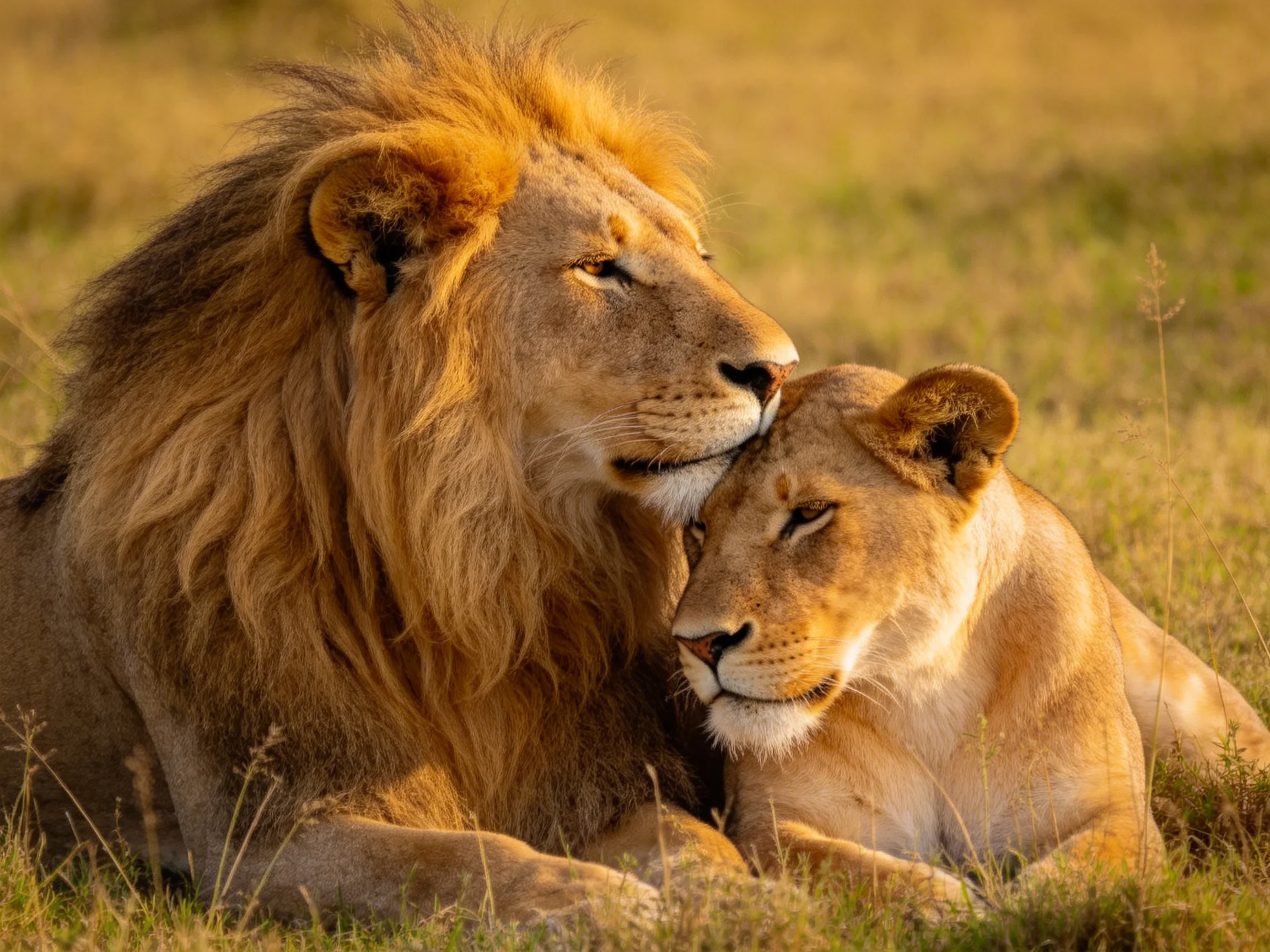 A majestic lion and lioness nuzzle in golden savannah grass