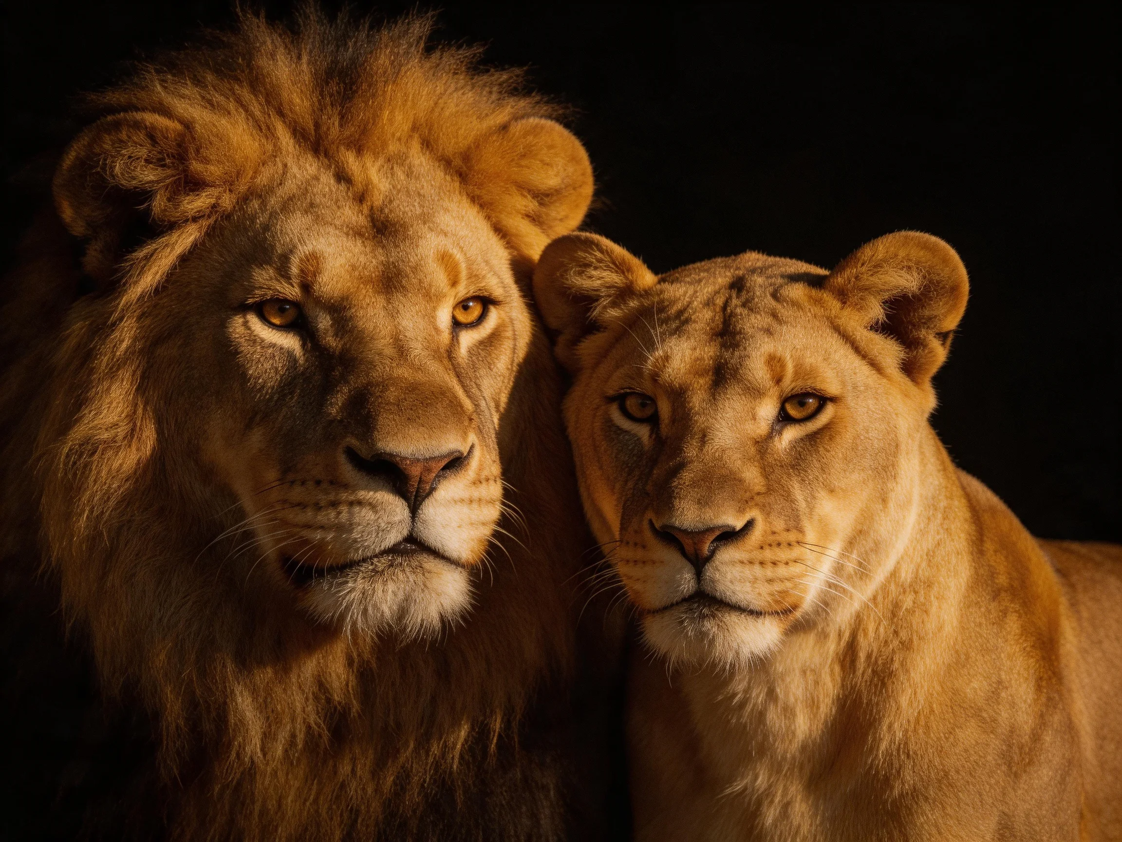 Two lions stand close together in a dark setting, one with a thick mane and one without.