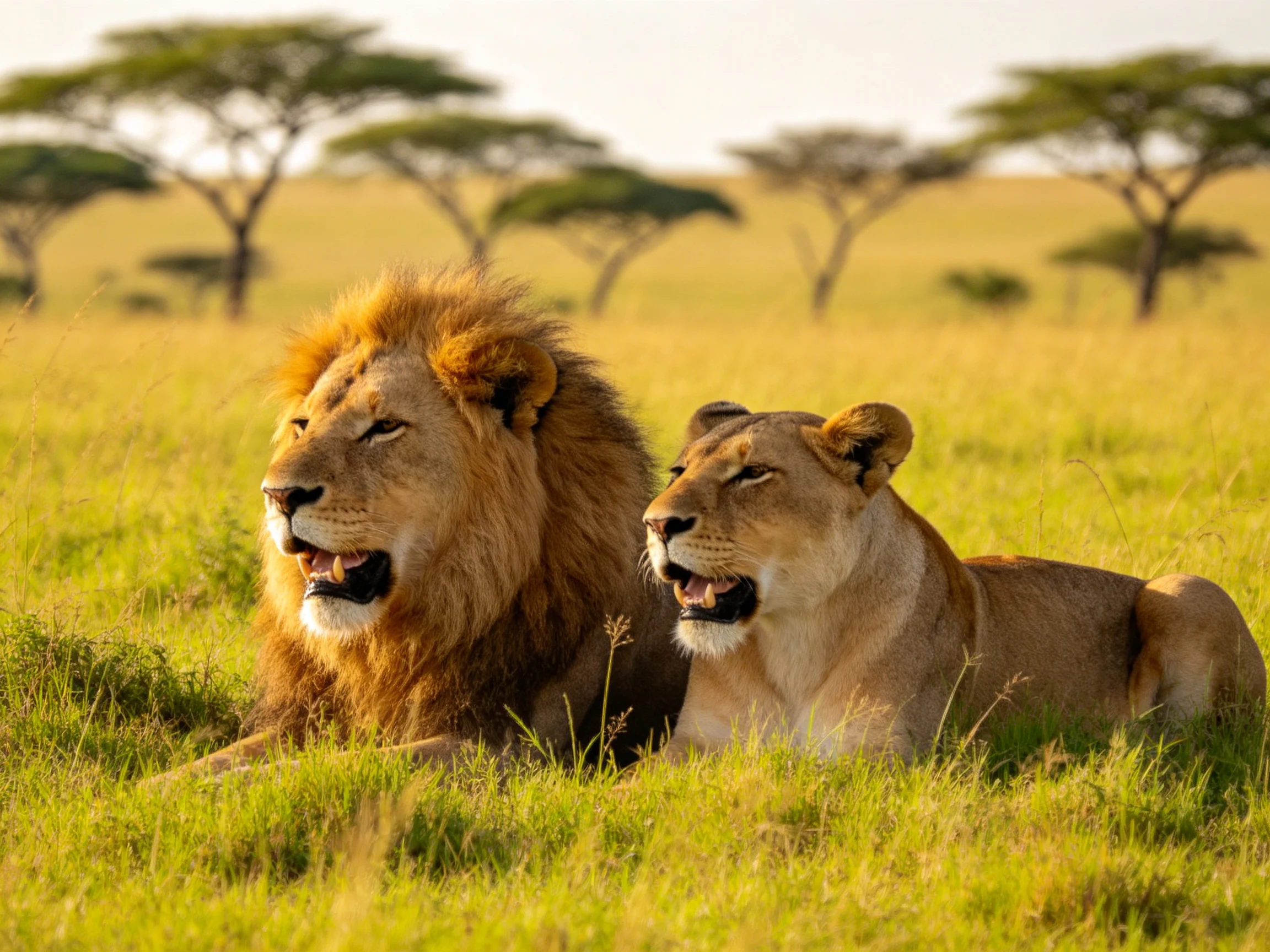 A lion and lioness relax together in a sunlit savannah setting.