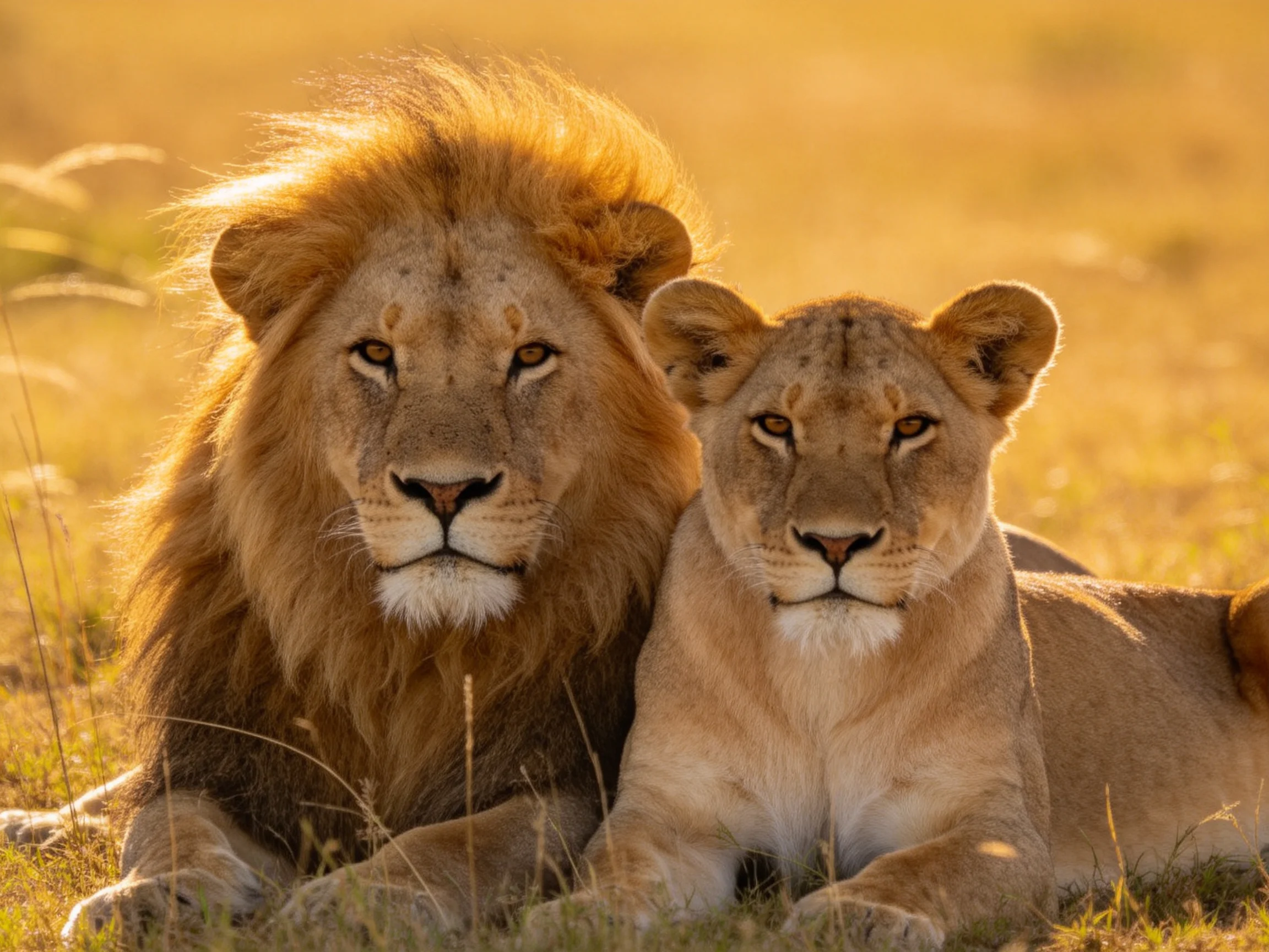 A majestic lion and lioness rest in golden savannah light