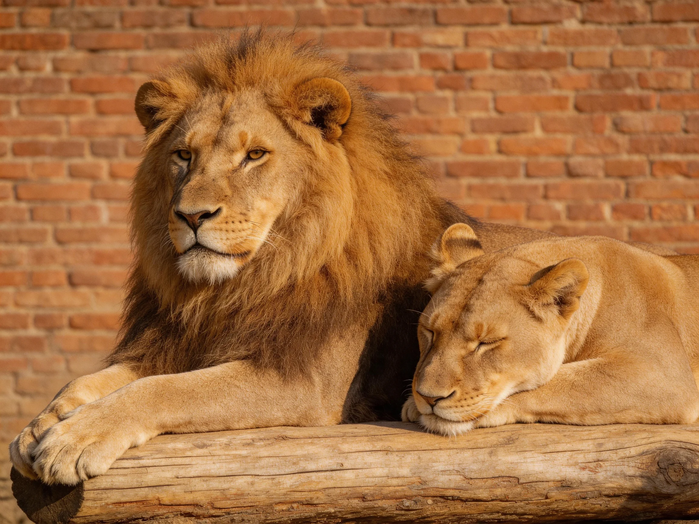 A lion and lioness rest together on a wooden log against a brick wall.