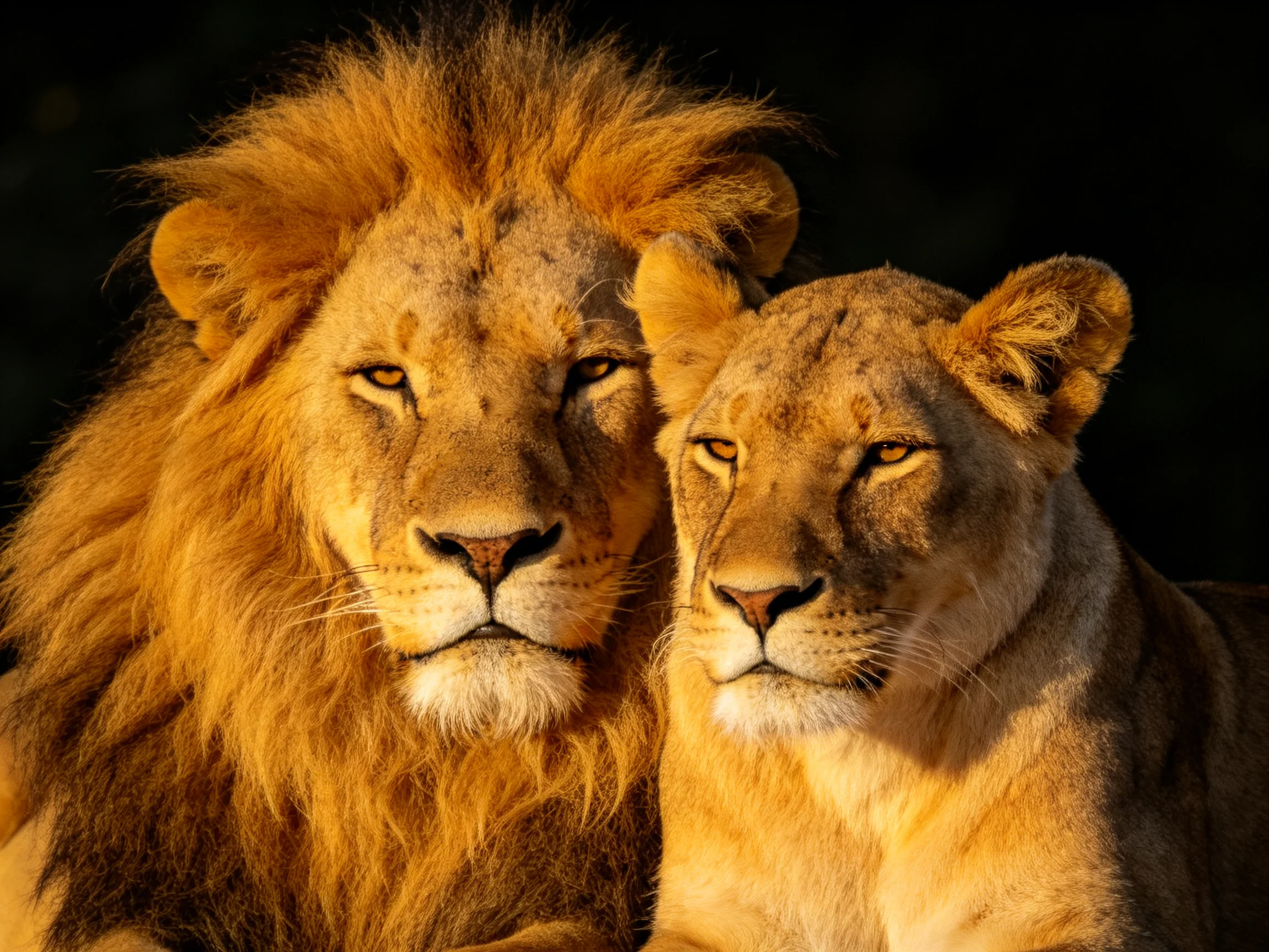 Two lions sit closely together, bathed in warm illumination.