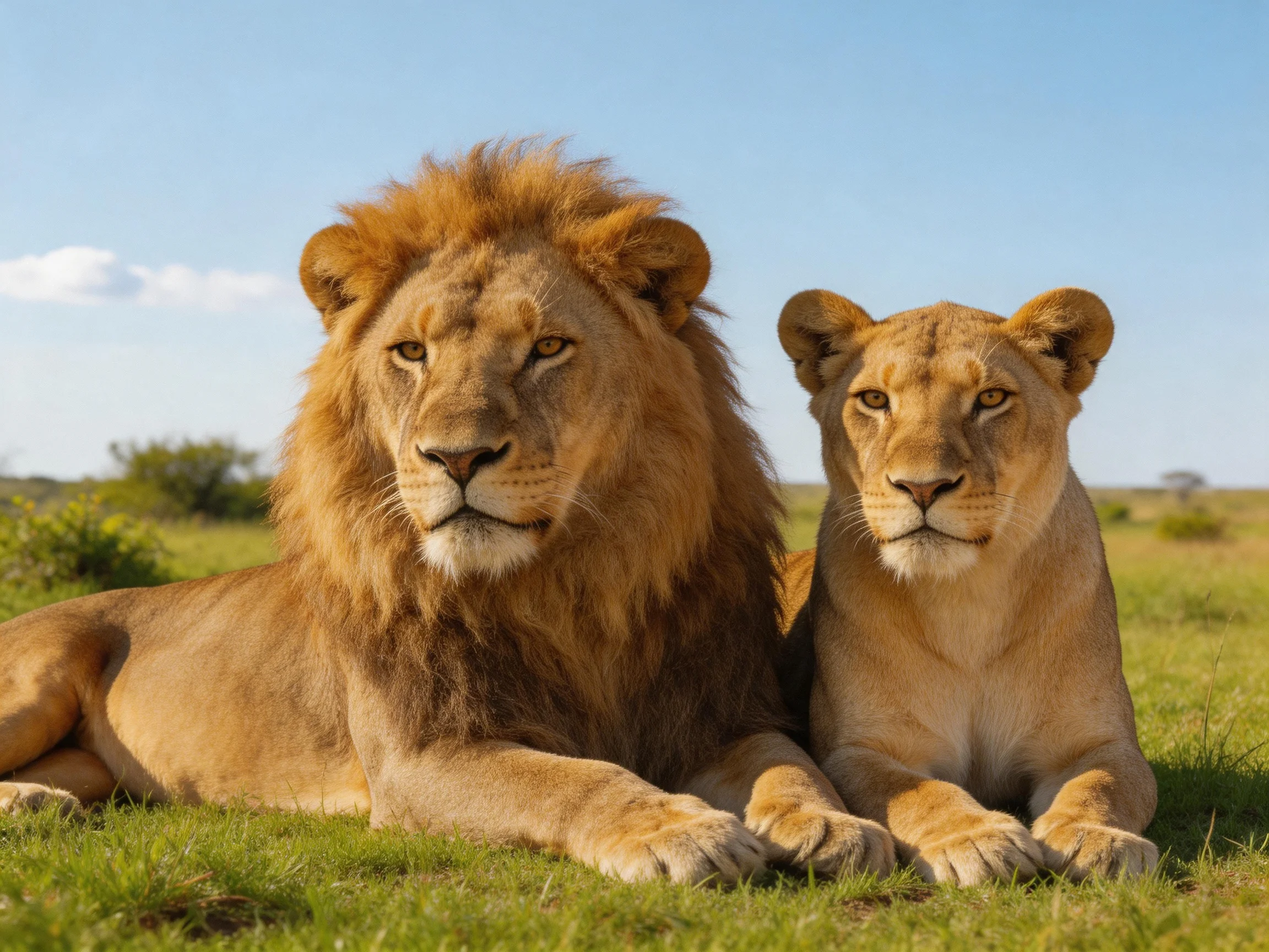 Two lions rest side by side on grassy savannah land.