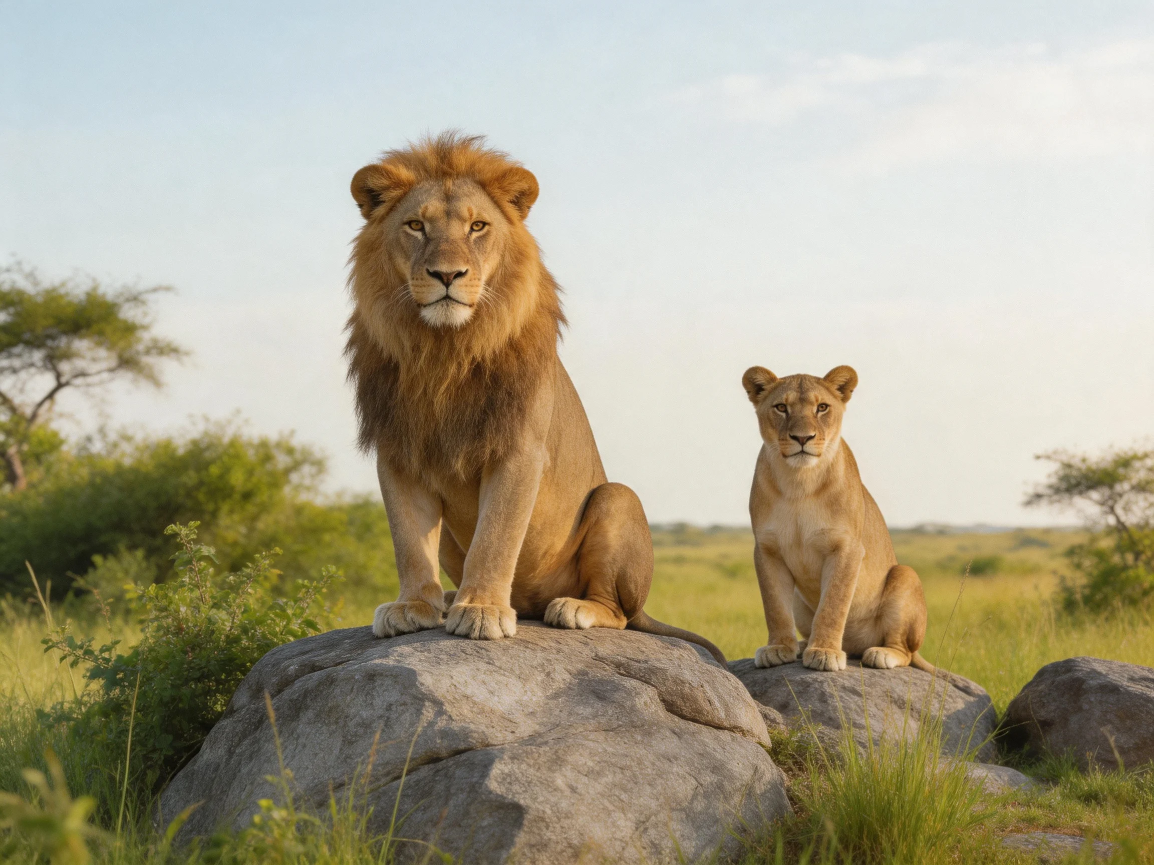 A male lion and lioness sit on rocks in a sunlit savannah landscape.