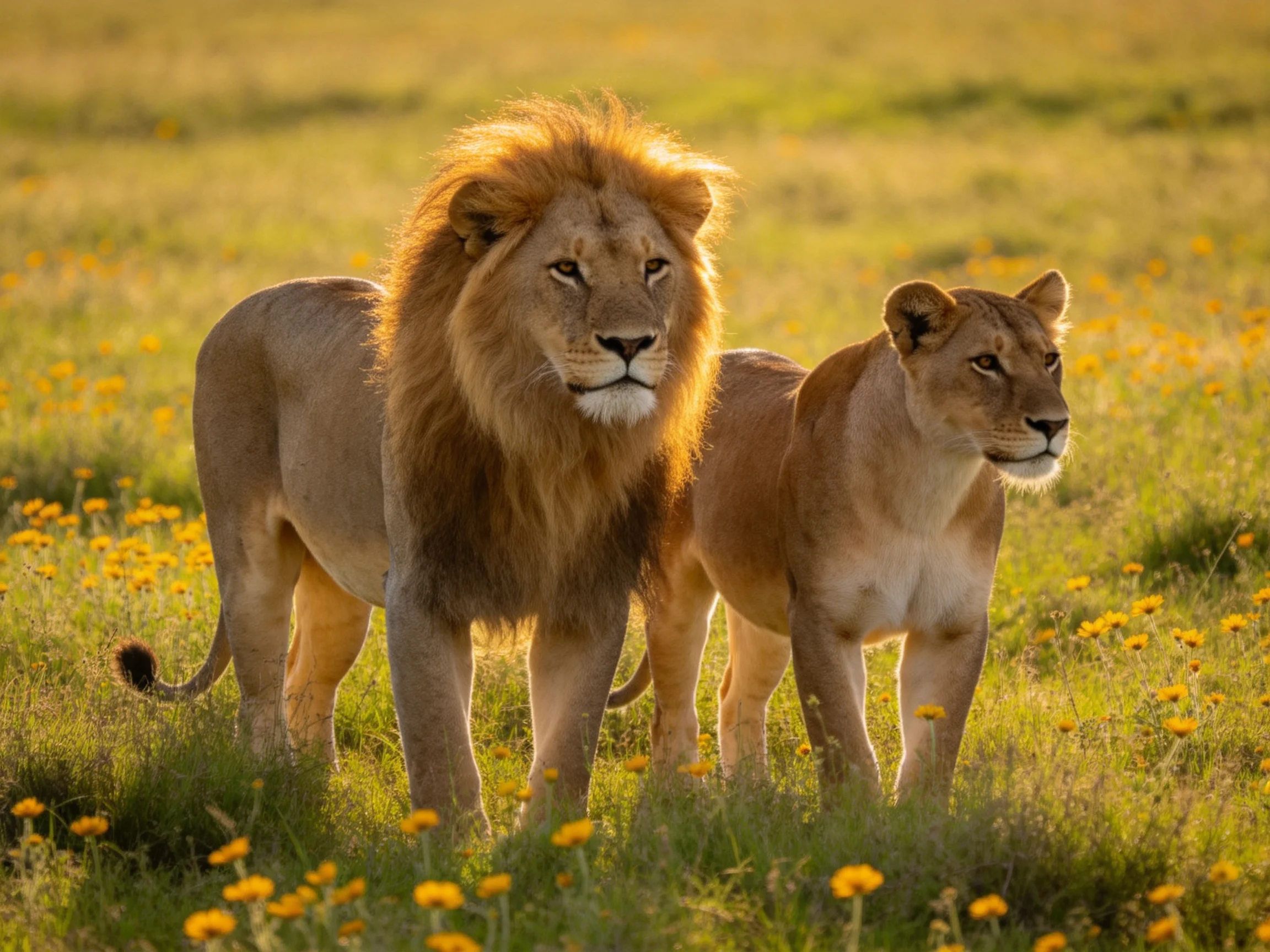 A majestic lion and lioness stand amid a golden meadow of yellow wildflowers