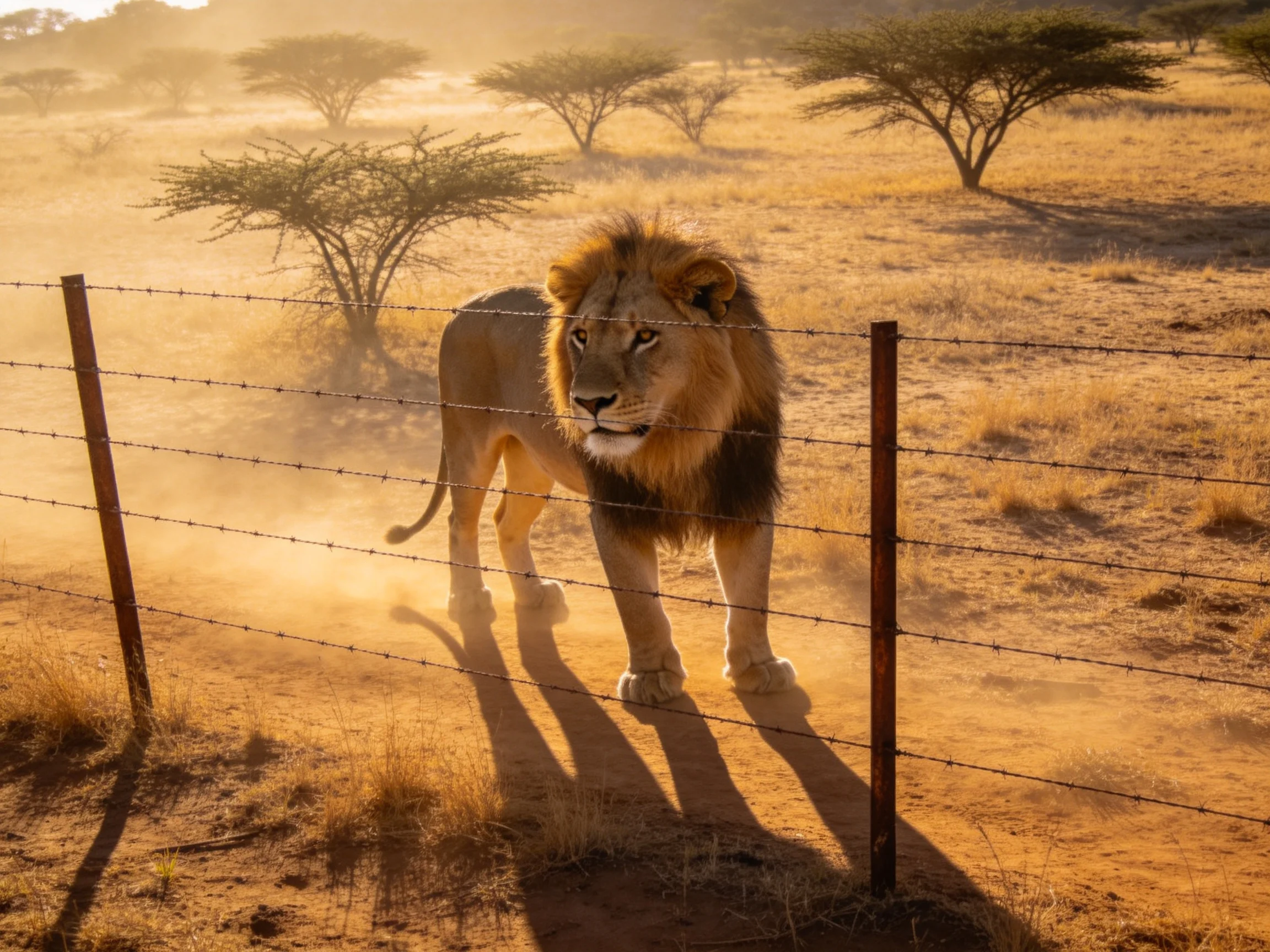 A lion stands near a barbed wire fence in a sunlit savannah landscape.