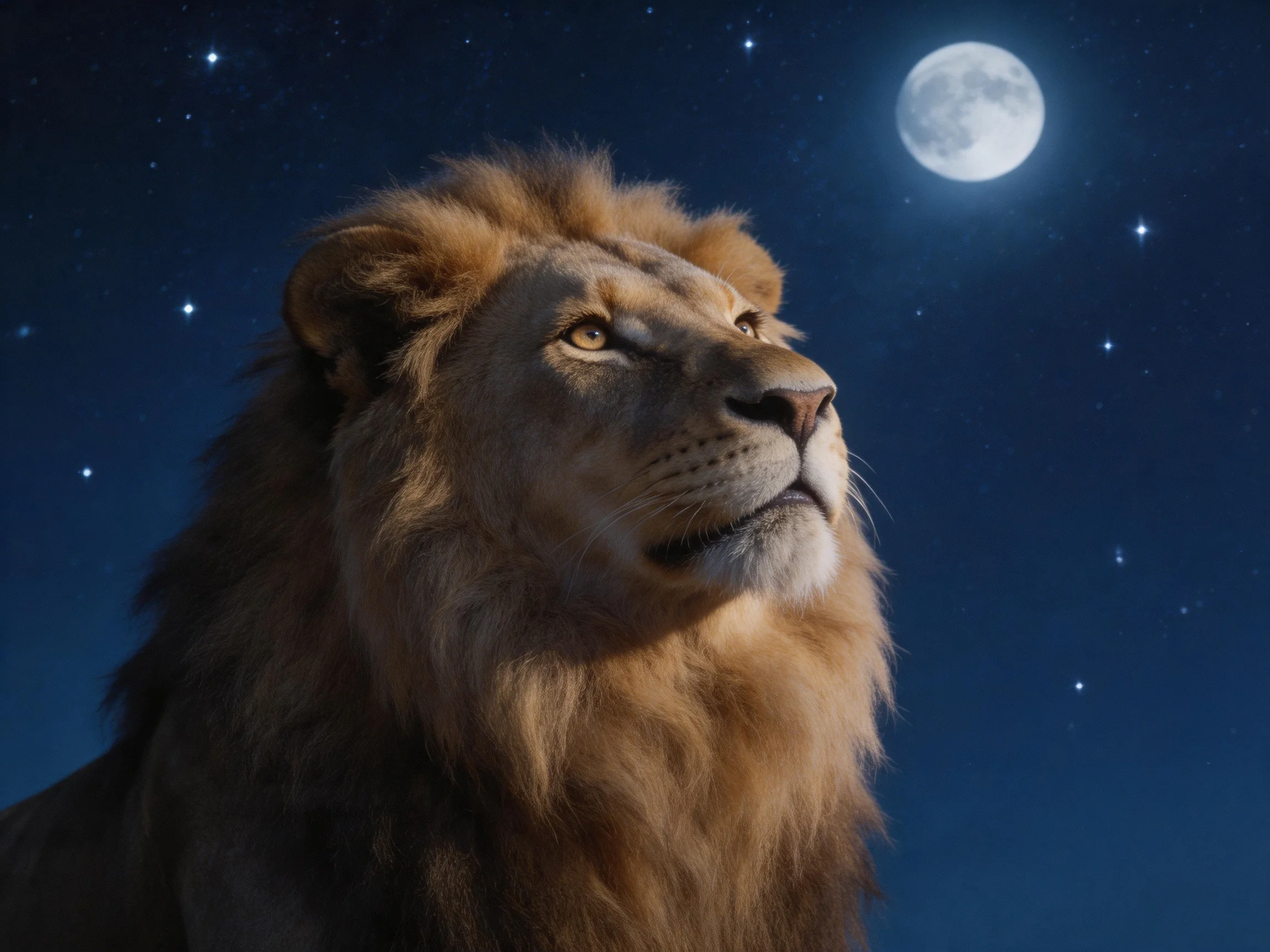 A lion gazes toward a full moon in a starry night sky.