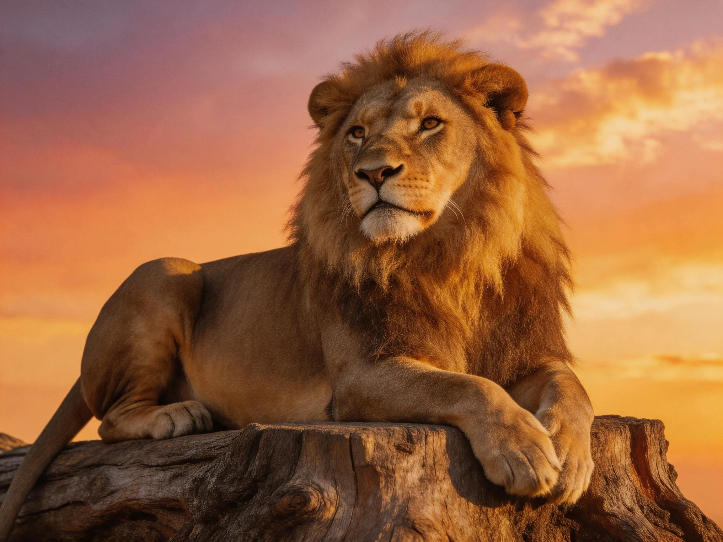 A lion rests on a tree stump with a colorful sunset backdrop