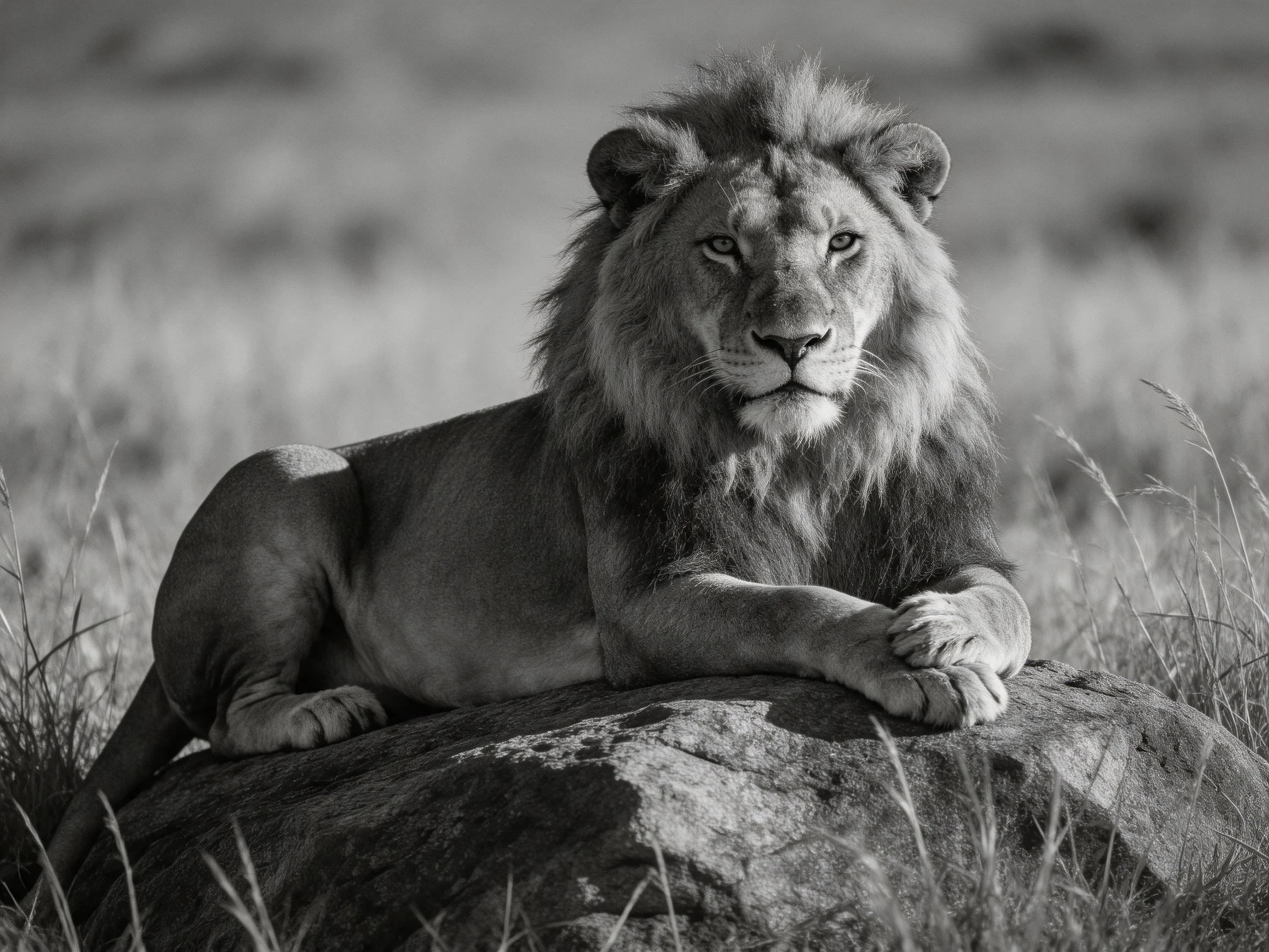 A lion lounges on a rock in a savannah setting
