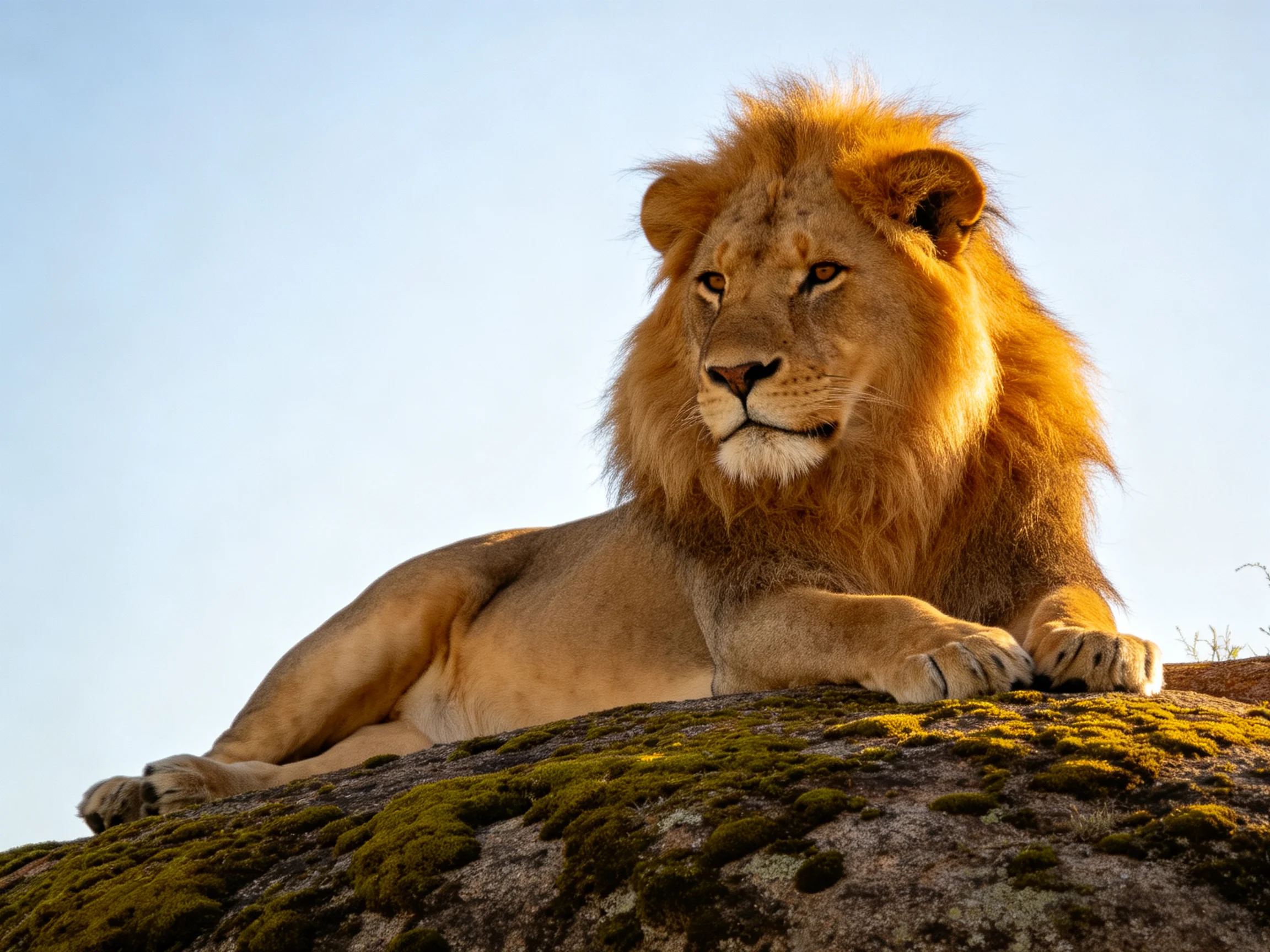 A majestic lion rests on a mossy rock in an open area.