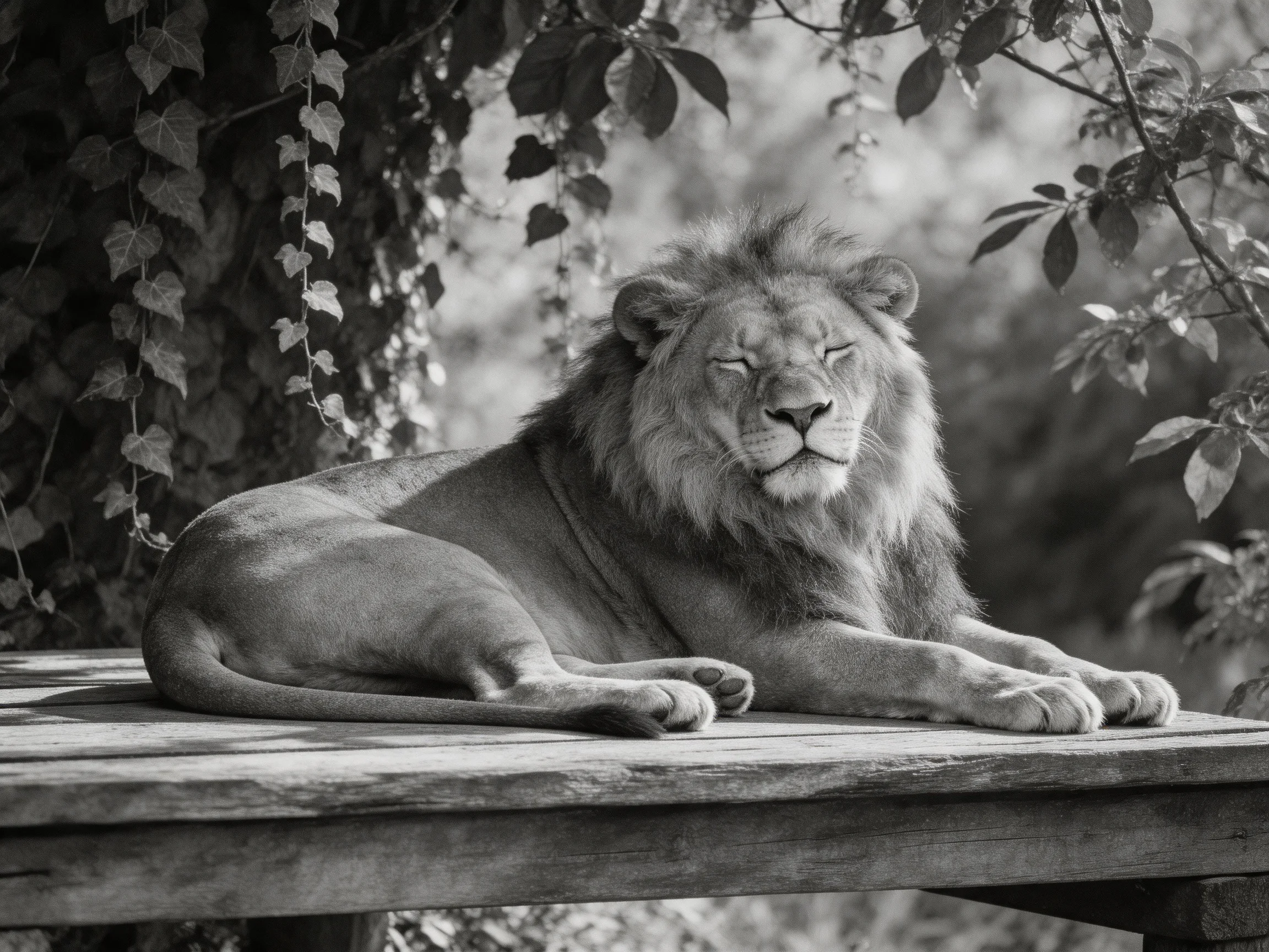A lion rests peacefully on a wooden platform amid leafy surroundings