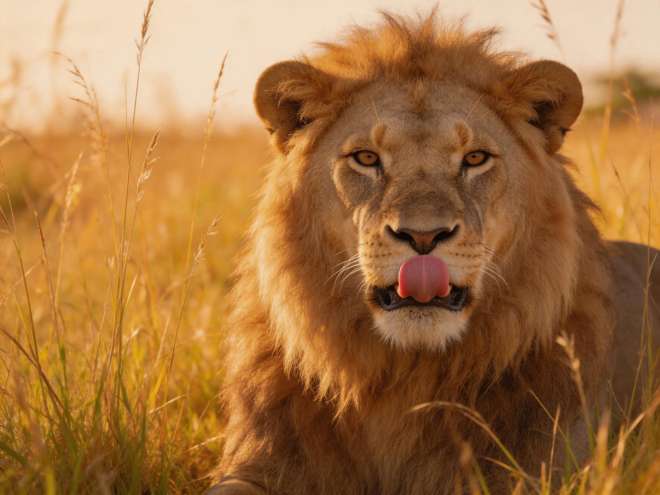 A lion rests in golden savannah grasses under warm sunlight.