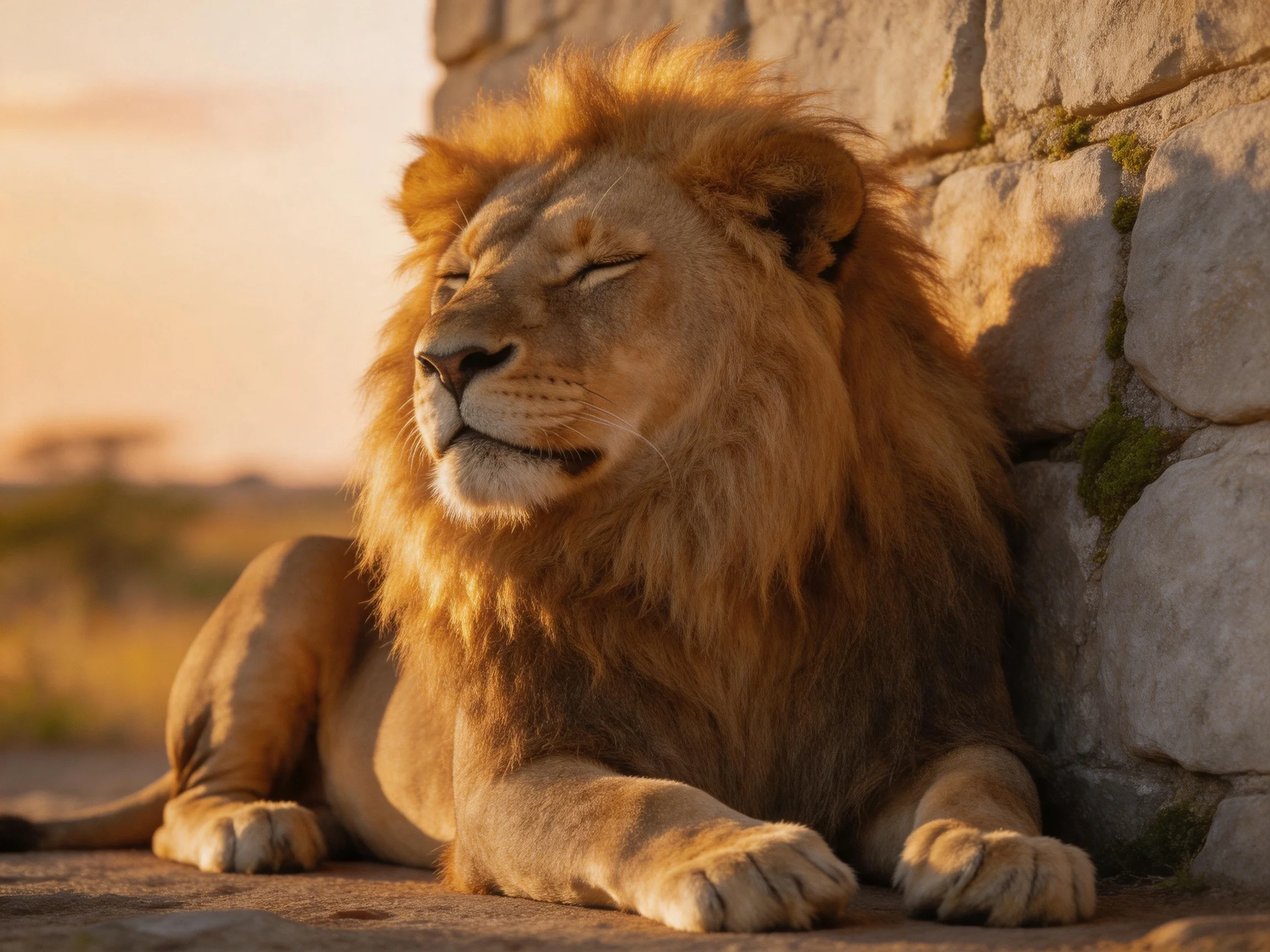 A lion relaxes near a stone wall under golden sunlight.