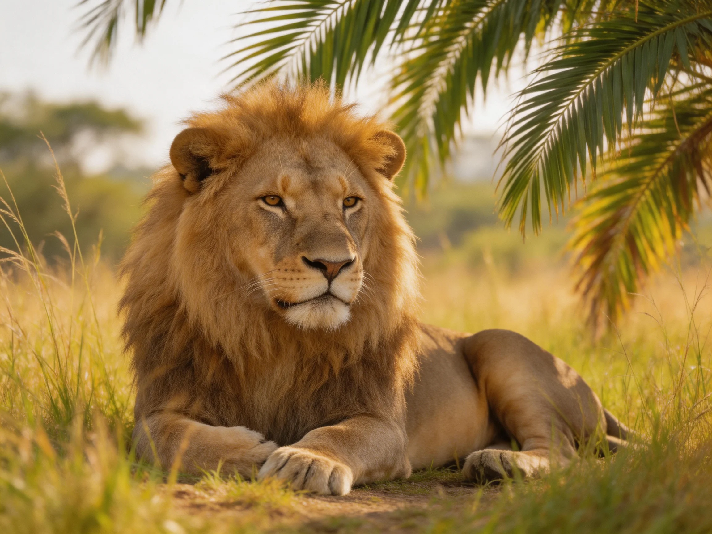 A majestic lion lies calmly among tall golden grasses in a sunlit savannah.