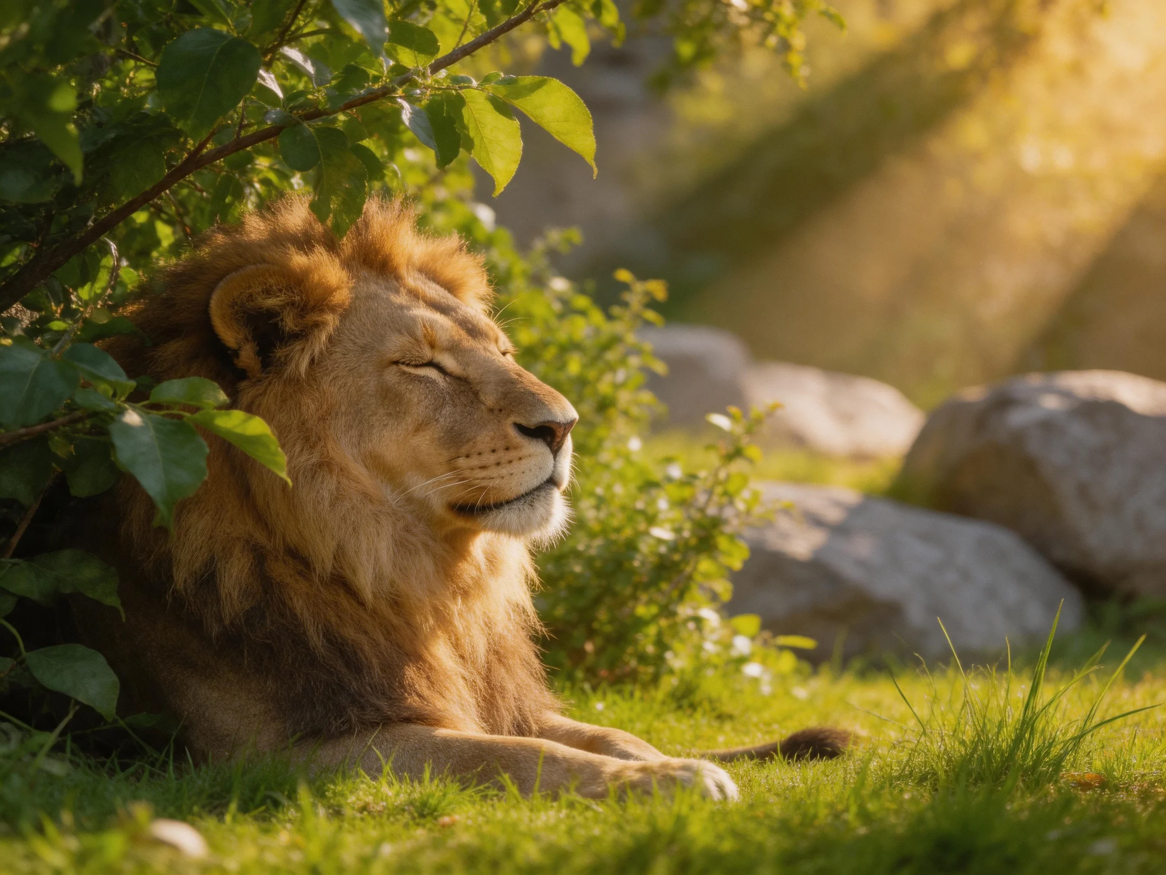 A lion relaxes in a sunlit environment with greenery and rocks.