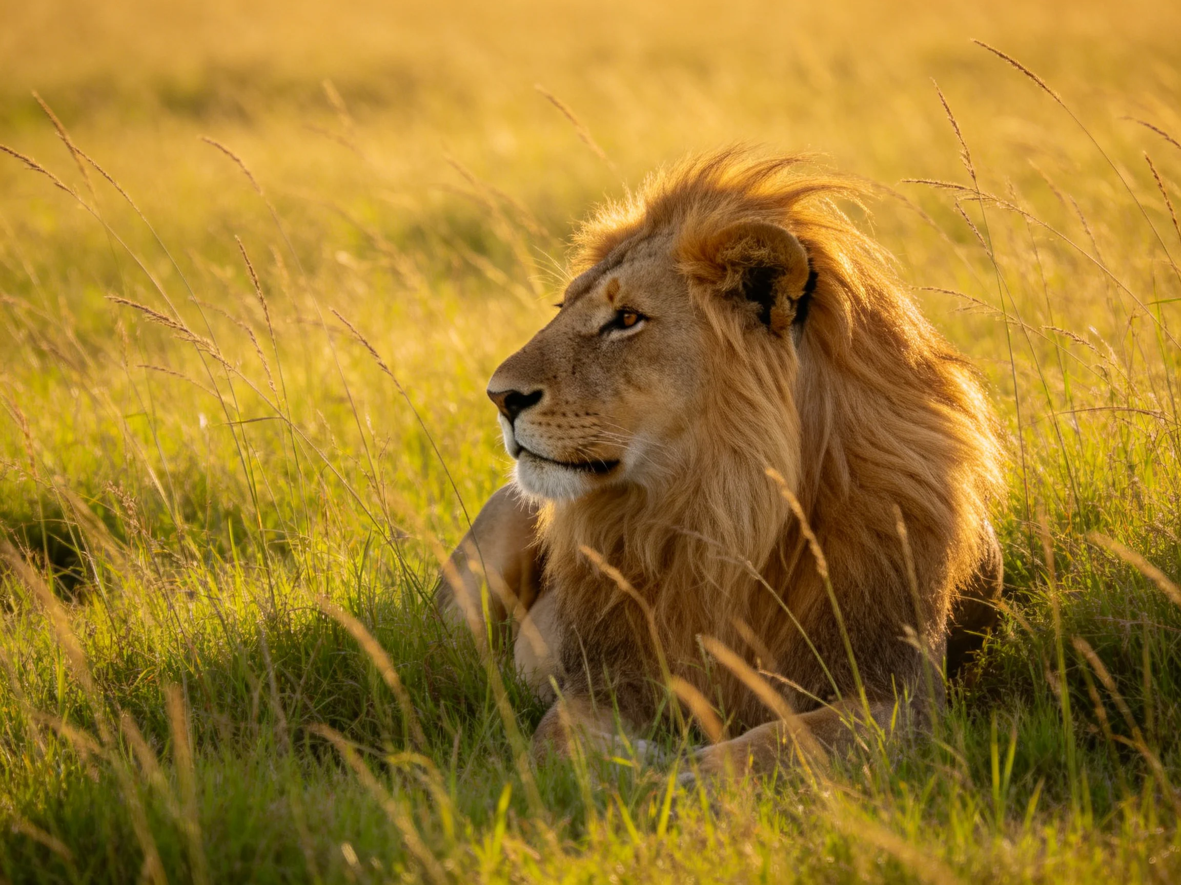 A lion lies calmly in sunlit savannah grass.