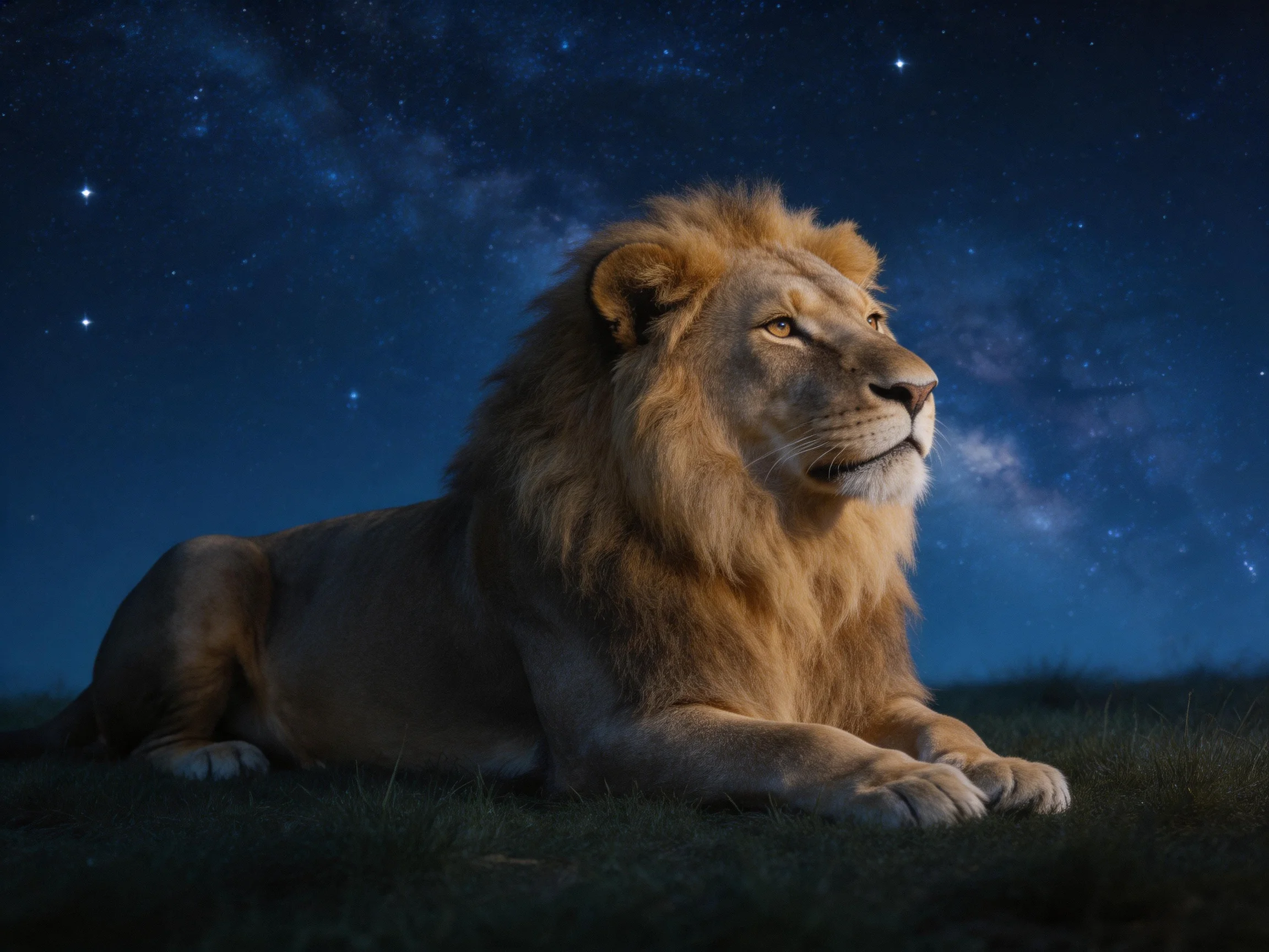 A majestic lion rests calmly beneath a starry night sky.