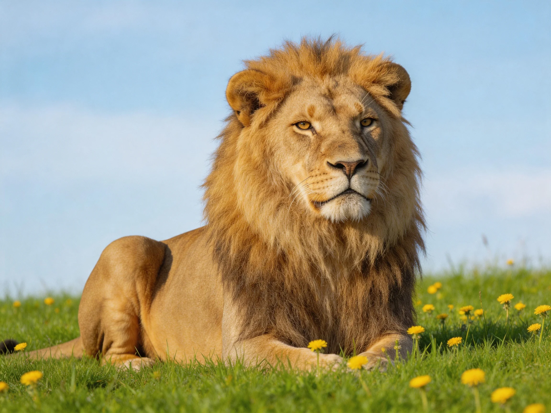 A lion lies calmly among green grass and yellow flowers under a clear blue sky.