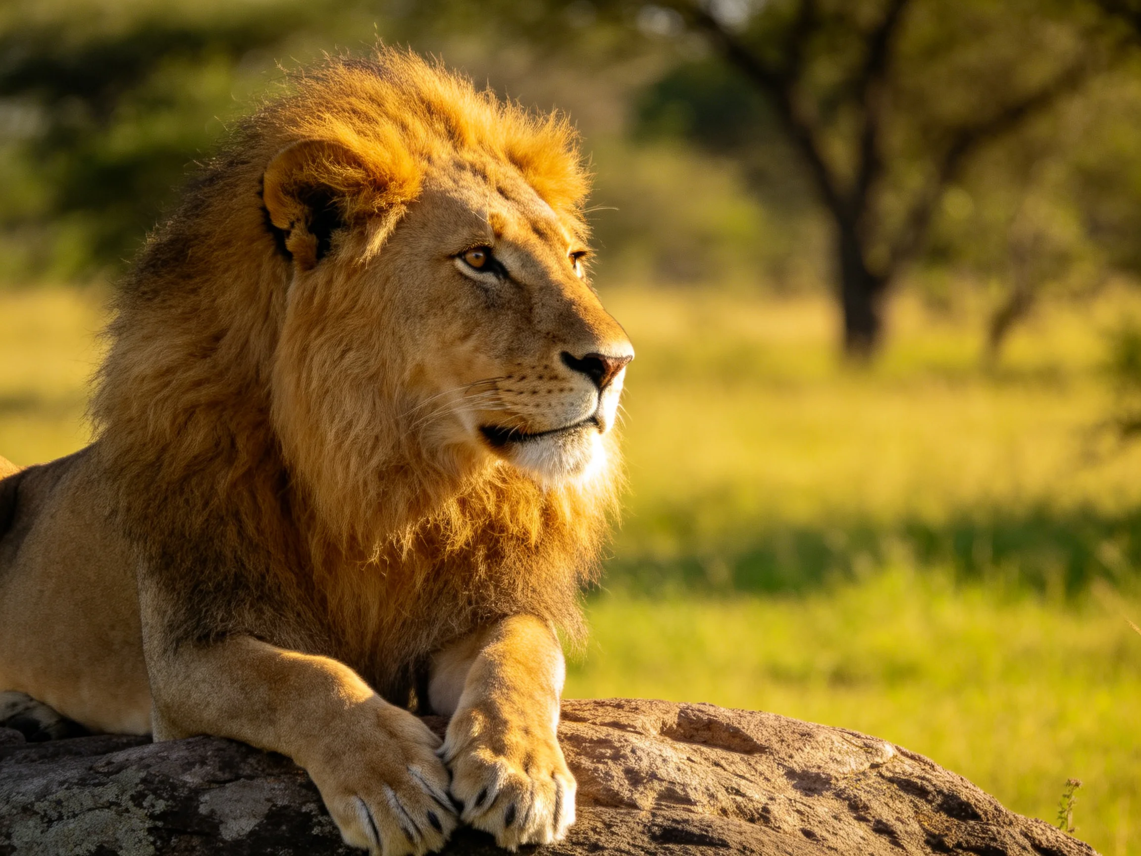 A lion lies on a rock, surveying the sun-drenched savannah landscape.