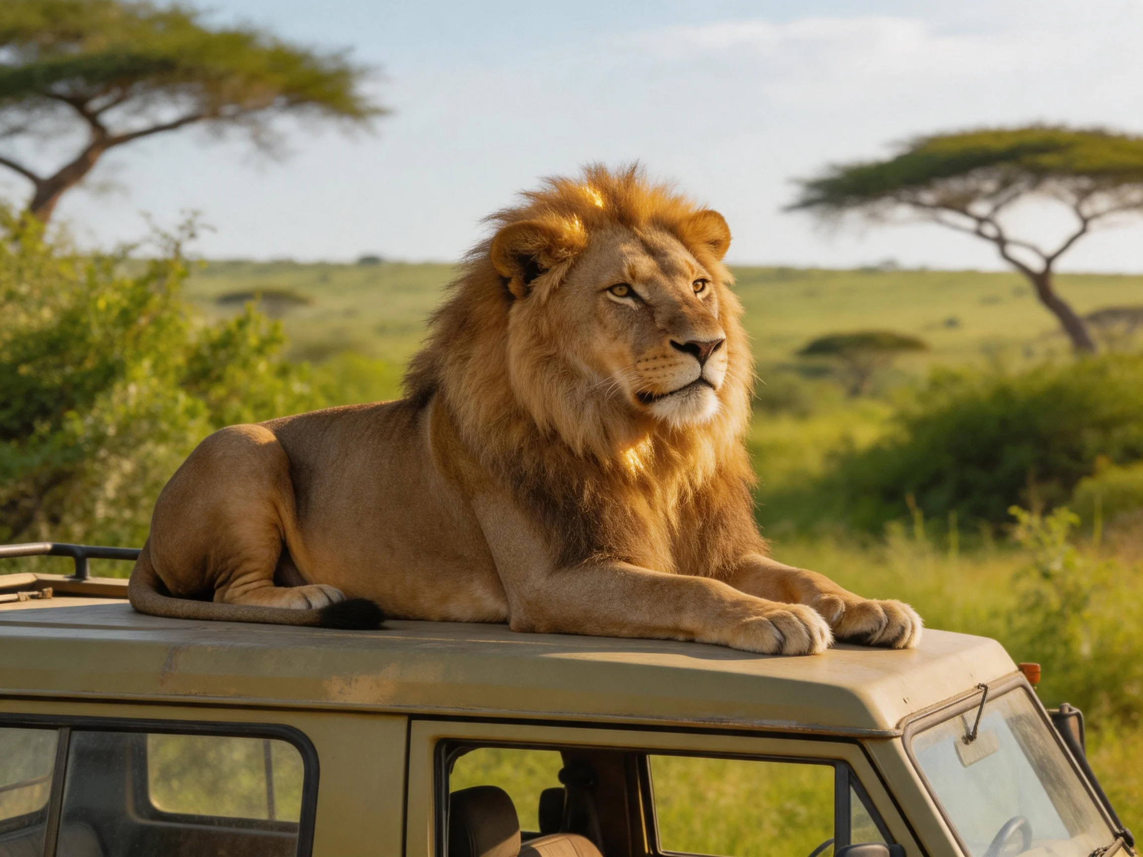 A lion relaxes on top of a safari vehicle in a lush savannah