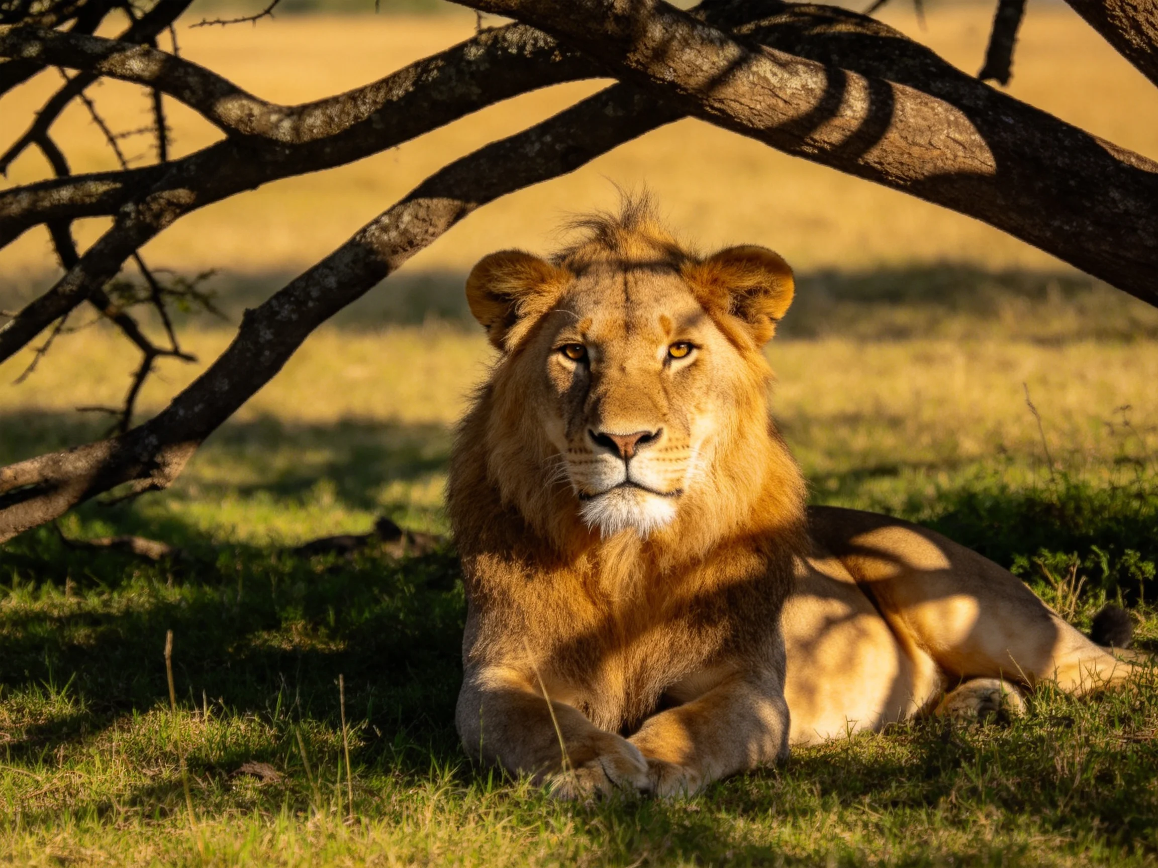 A lion lies calmly under tree branches in a sunlit savannah landscape.