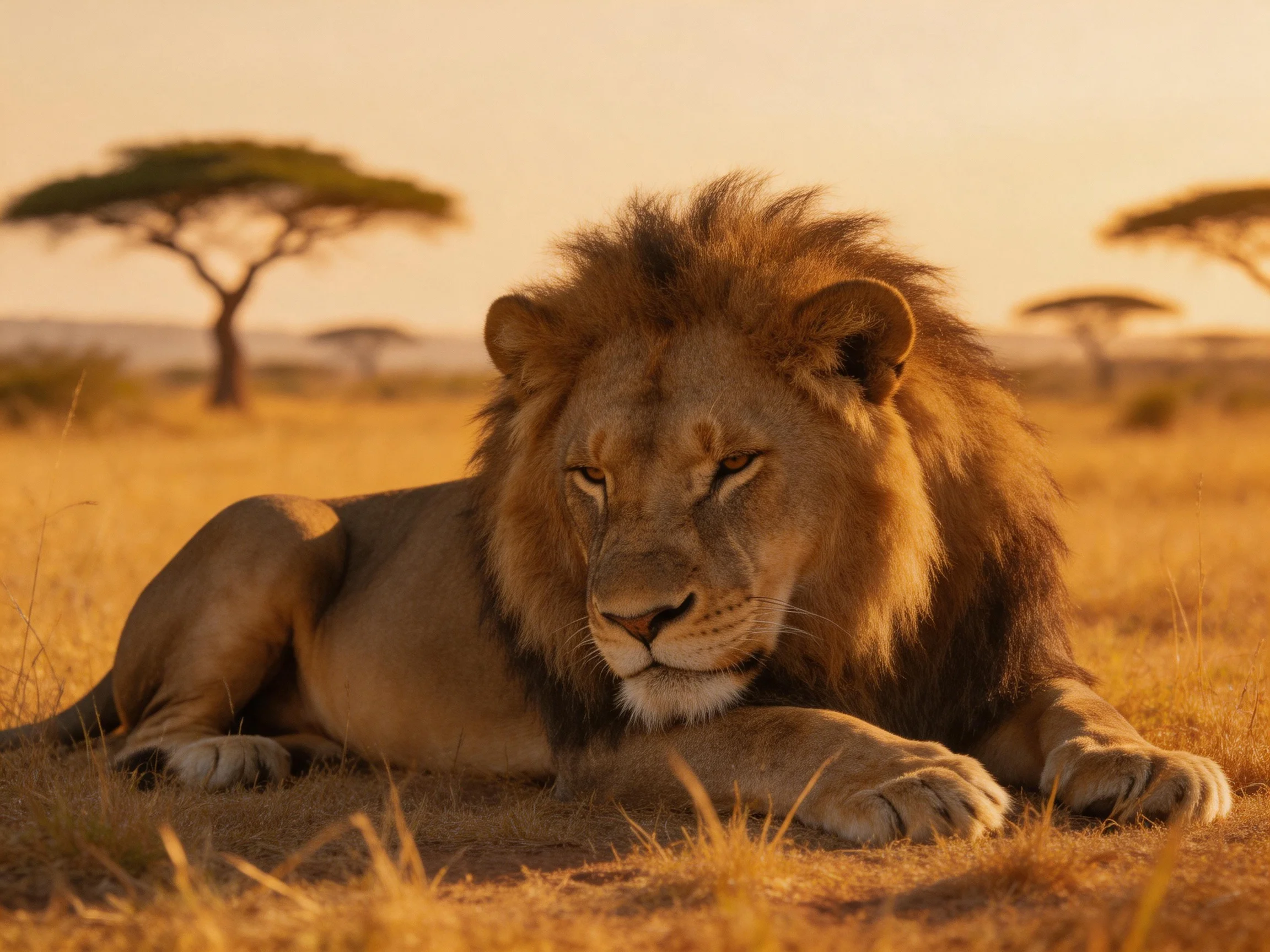 A majestic lion rests in a golden savannah landscape