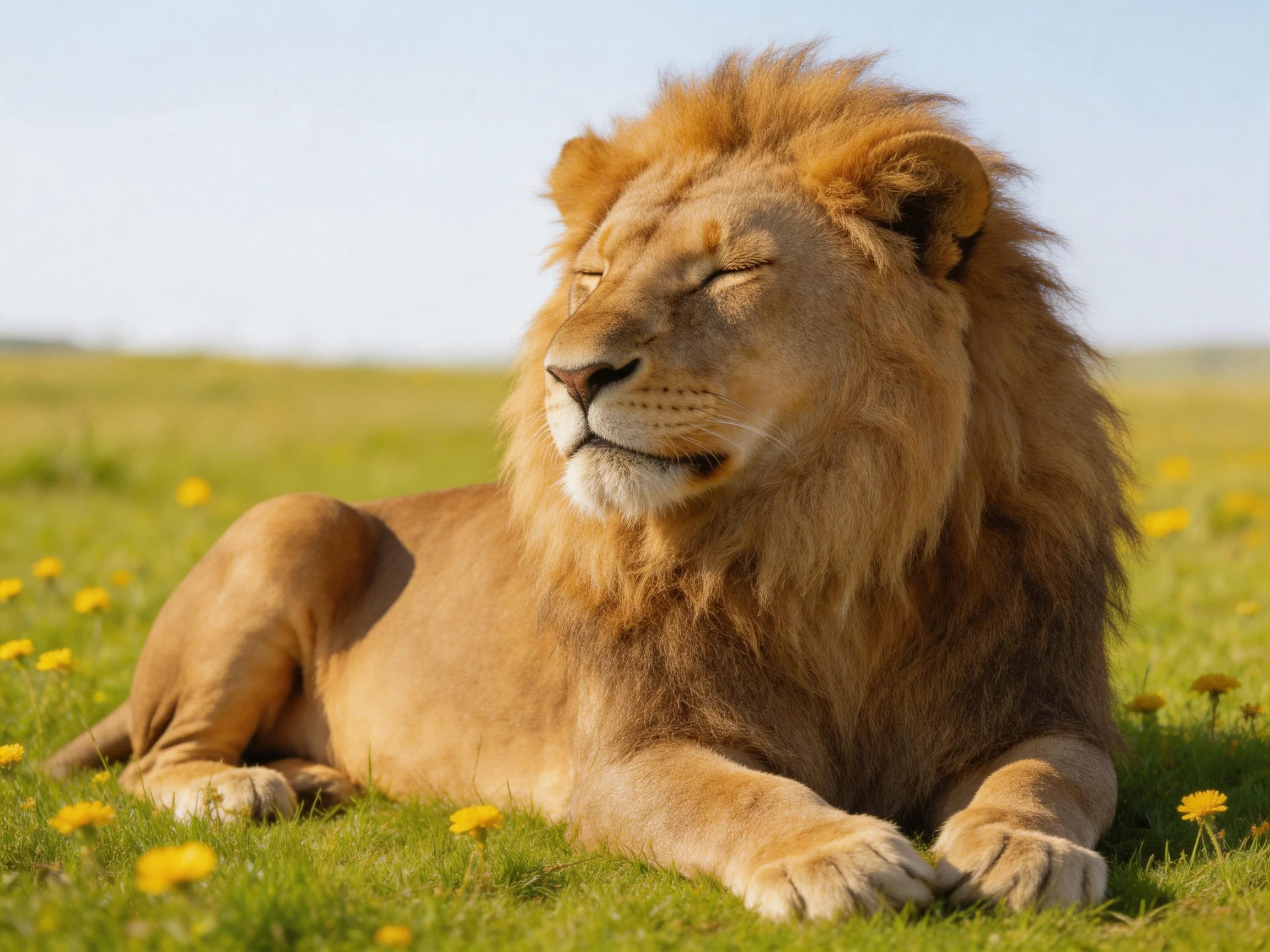A lion relaxes in a sunlit meadow with yellow flowers.
