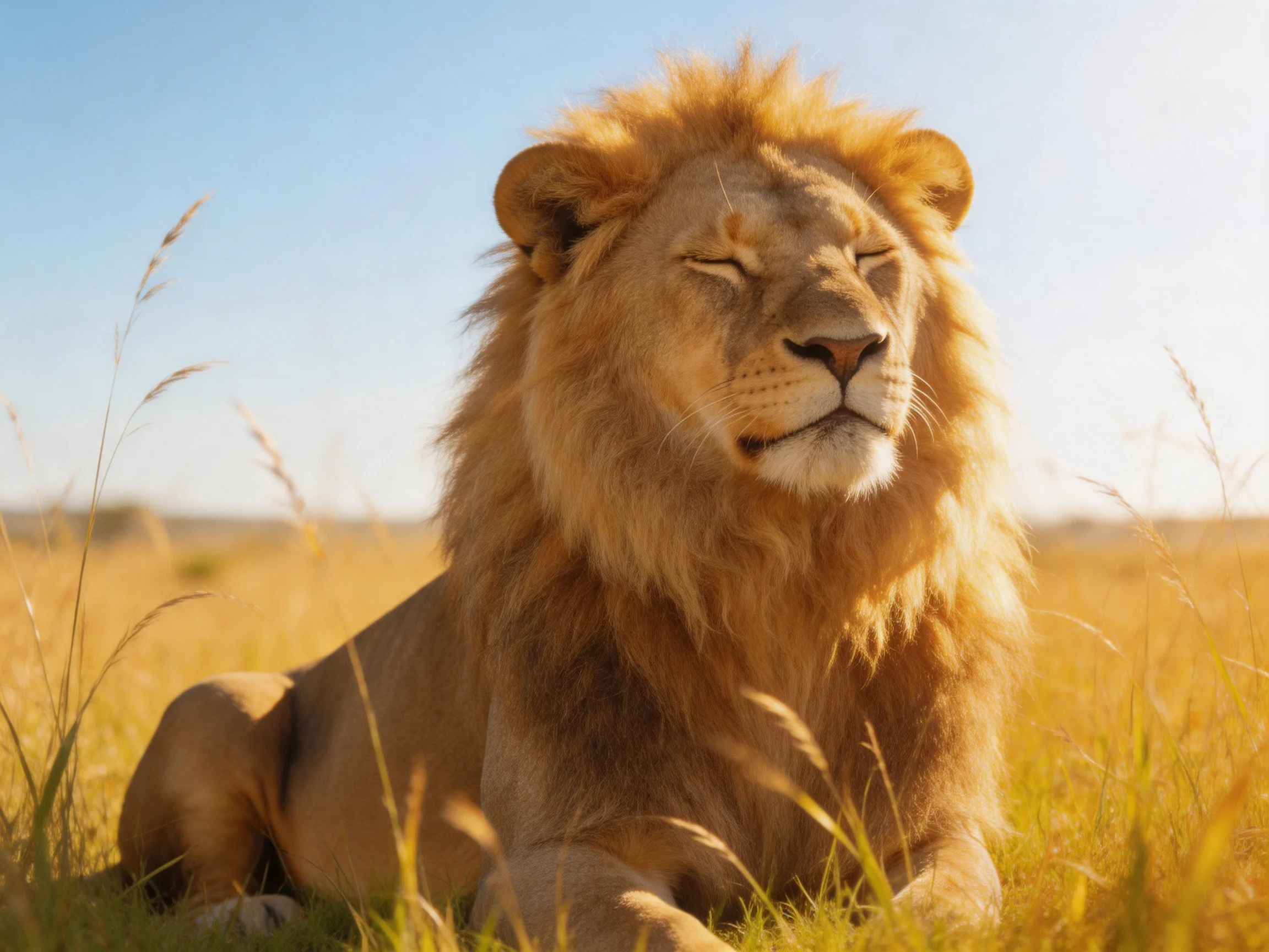 A majestic lion sits peacefully among golden grasses under a clear blue sky.