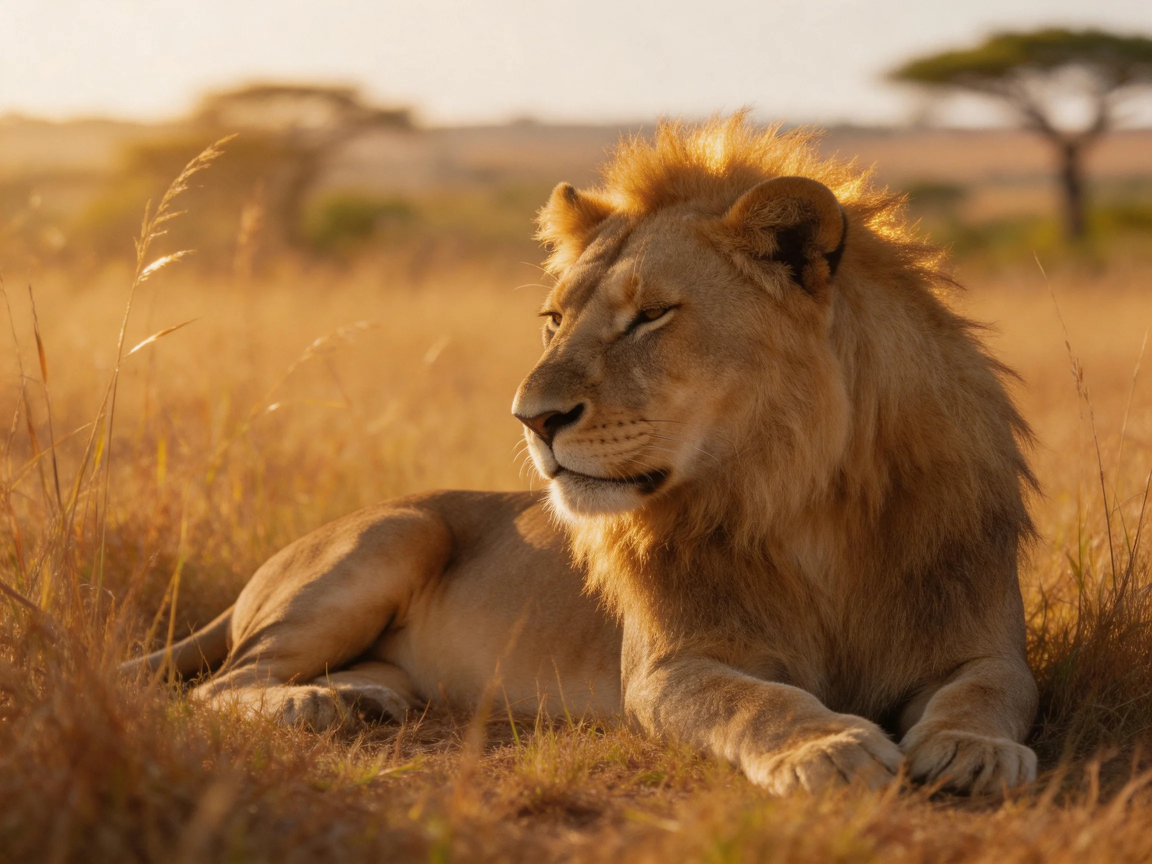 A majestic lion rests in golden savannah grasses under warm sunlight