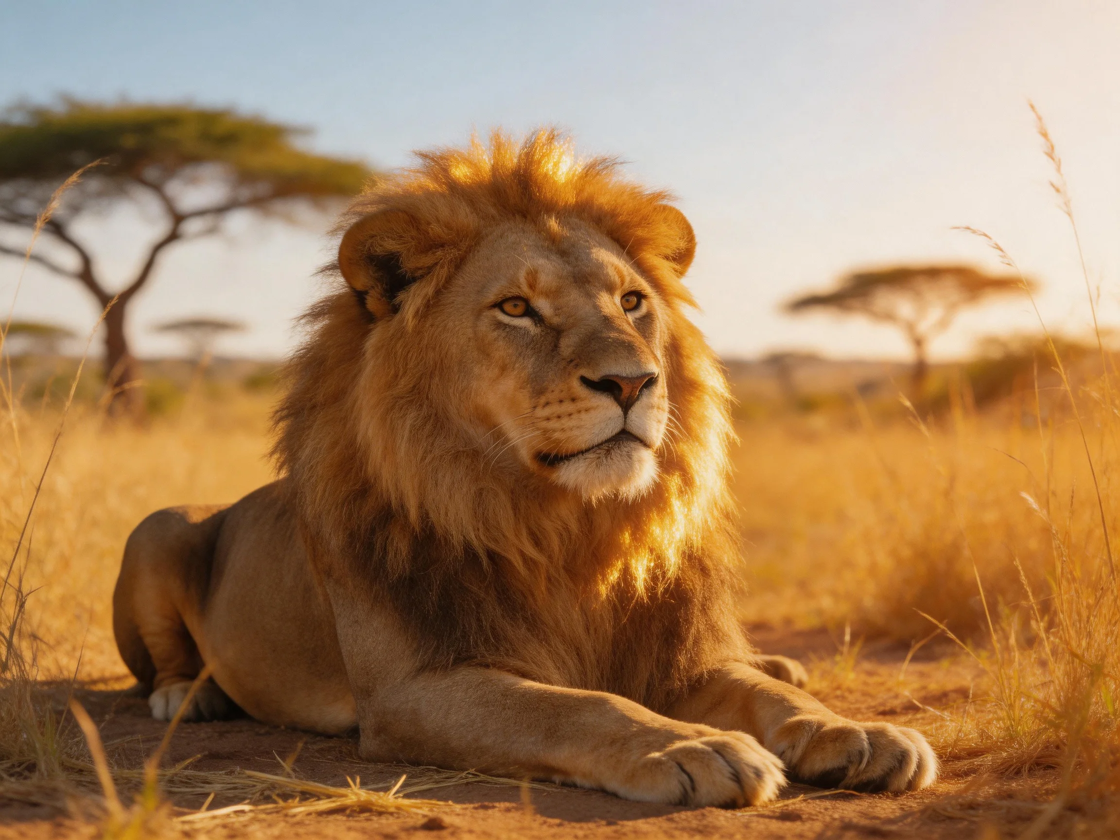 A majestic lion rests in golden savannah grasslands