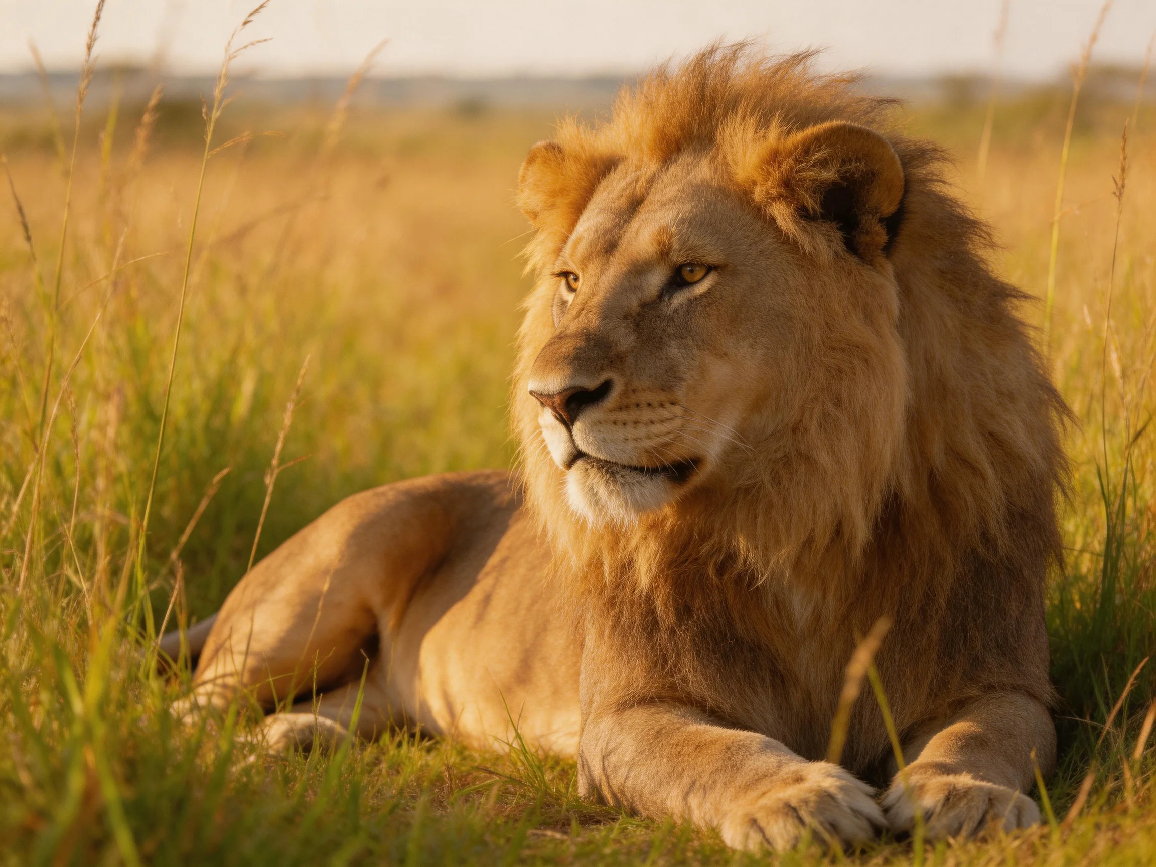 A lion lies calmly among tall golden grasses in a sunlit savannah.