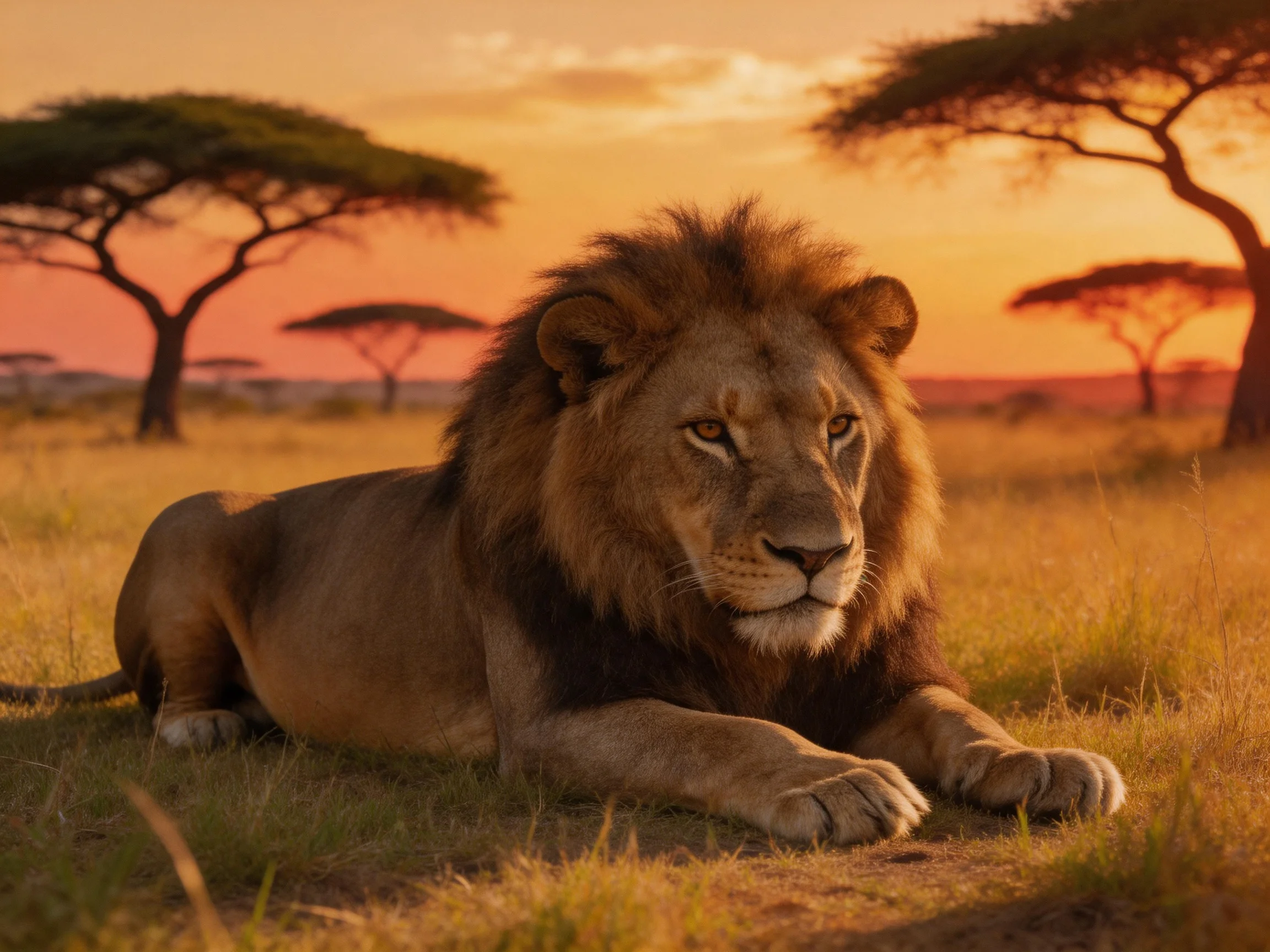 A majestic lion rests in golden savannah under vibrant sunset skies