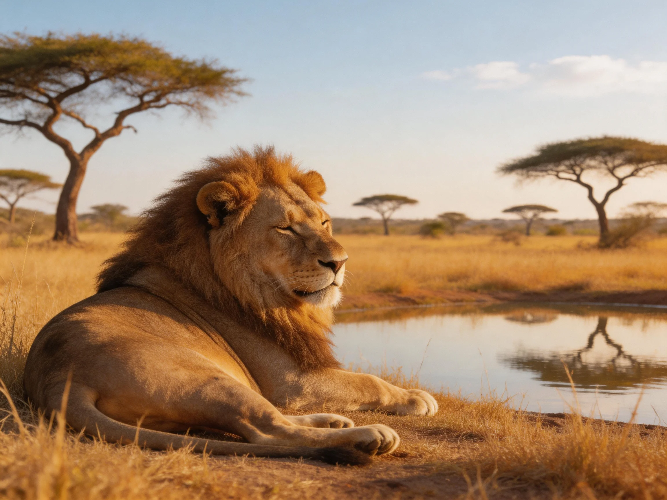 A lion relaxes beside a waterhole in the golden savannah landscape.