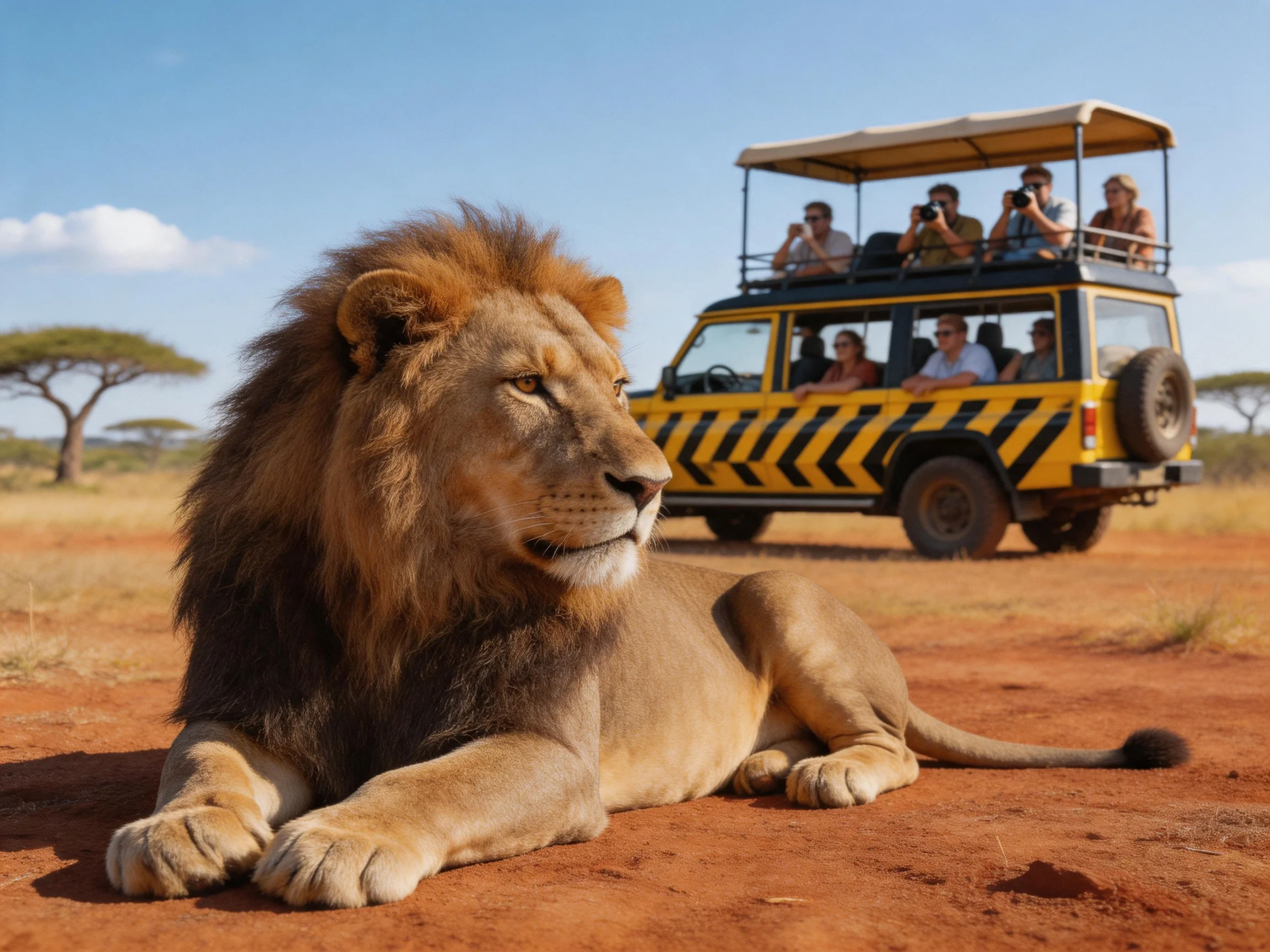 Tourists observe a lion resting inthe savannah from a safari vehicle.