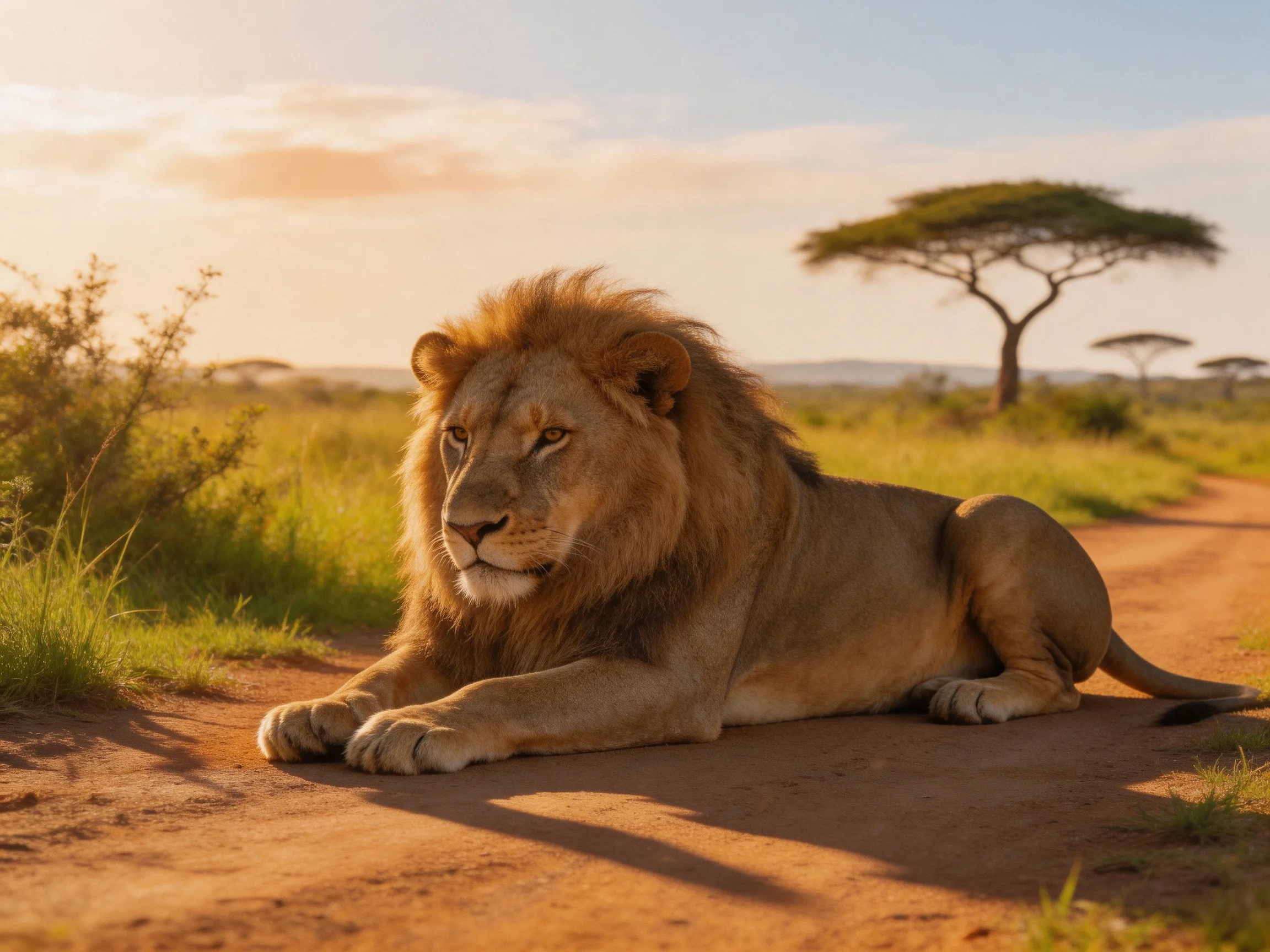 A lion lies calmly on a sunlit dirt path in an African savannah.