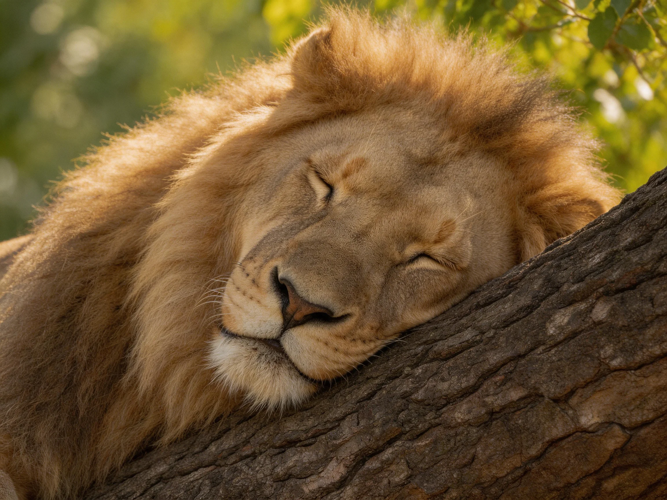 A lion sleeps on a tree trunk in a sunlit natural setting.