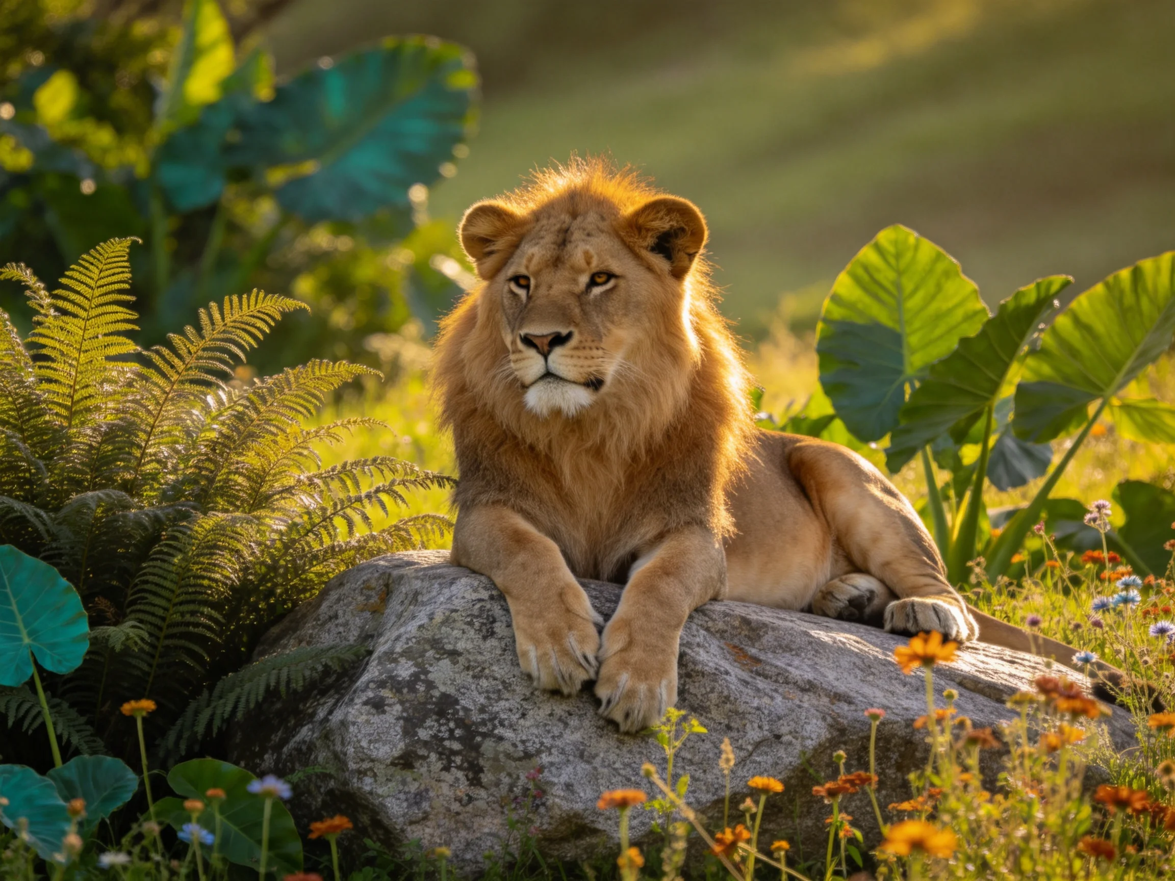 A lion relaxes on a rock surrounded by lush vegetation and wildflowers in bright daylight.