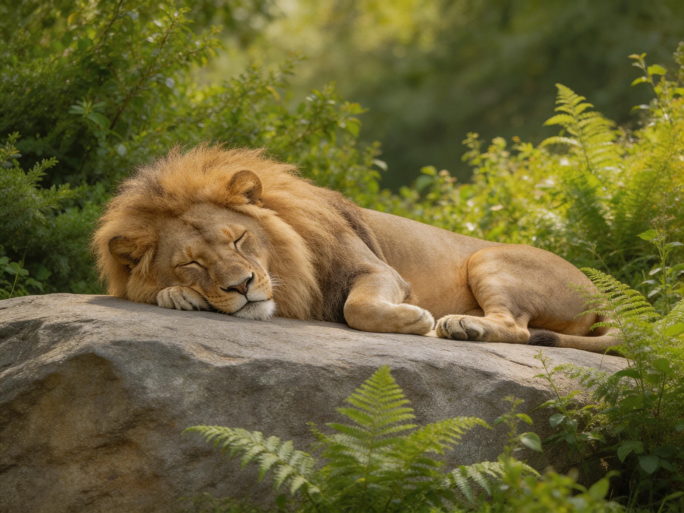 A lion sleeps on a rock surrounded by dense vegetation.
