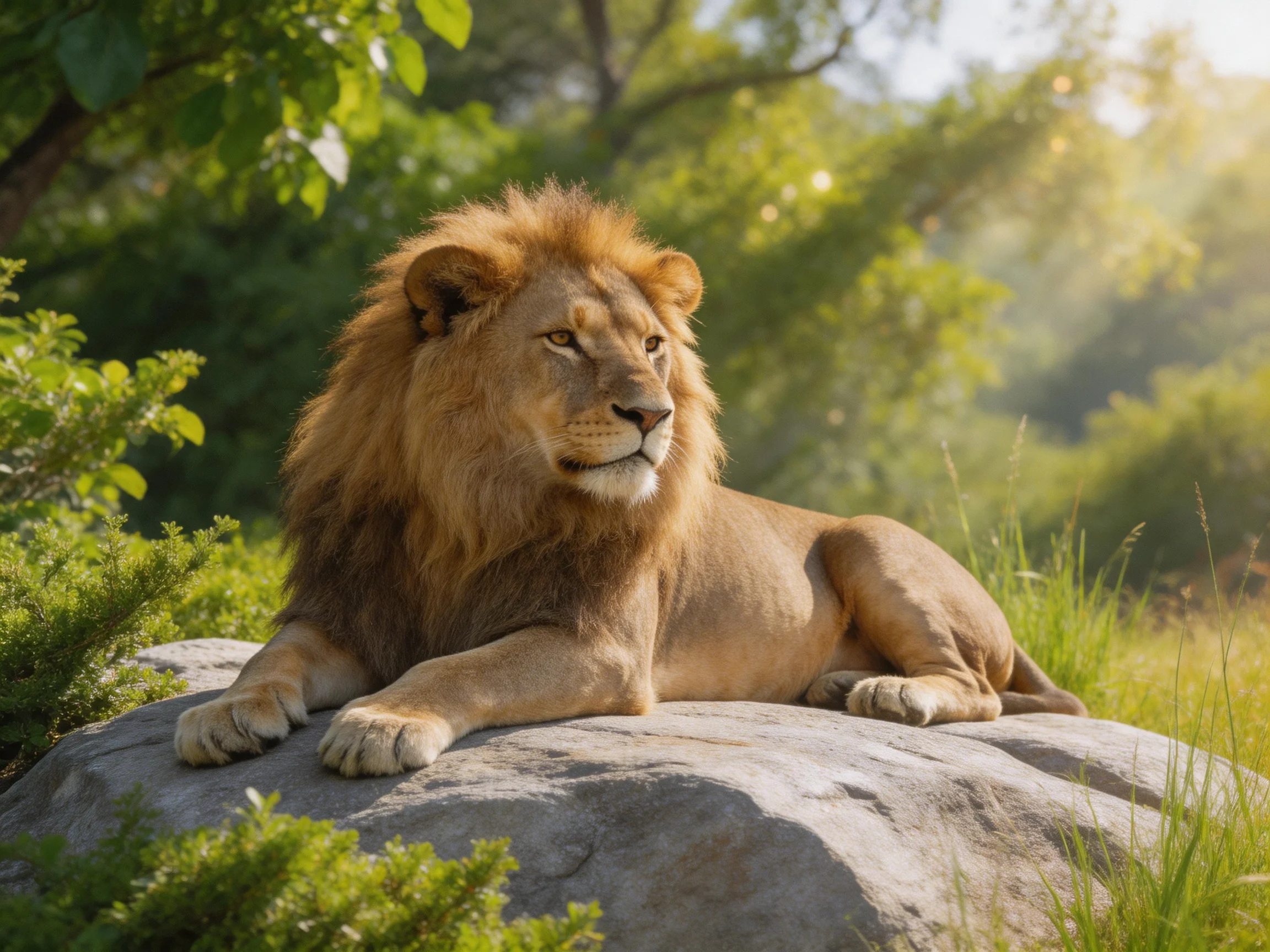 A lion relaxes on a rock in a sun-dappled natural setting.