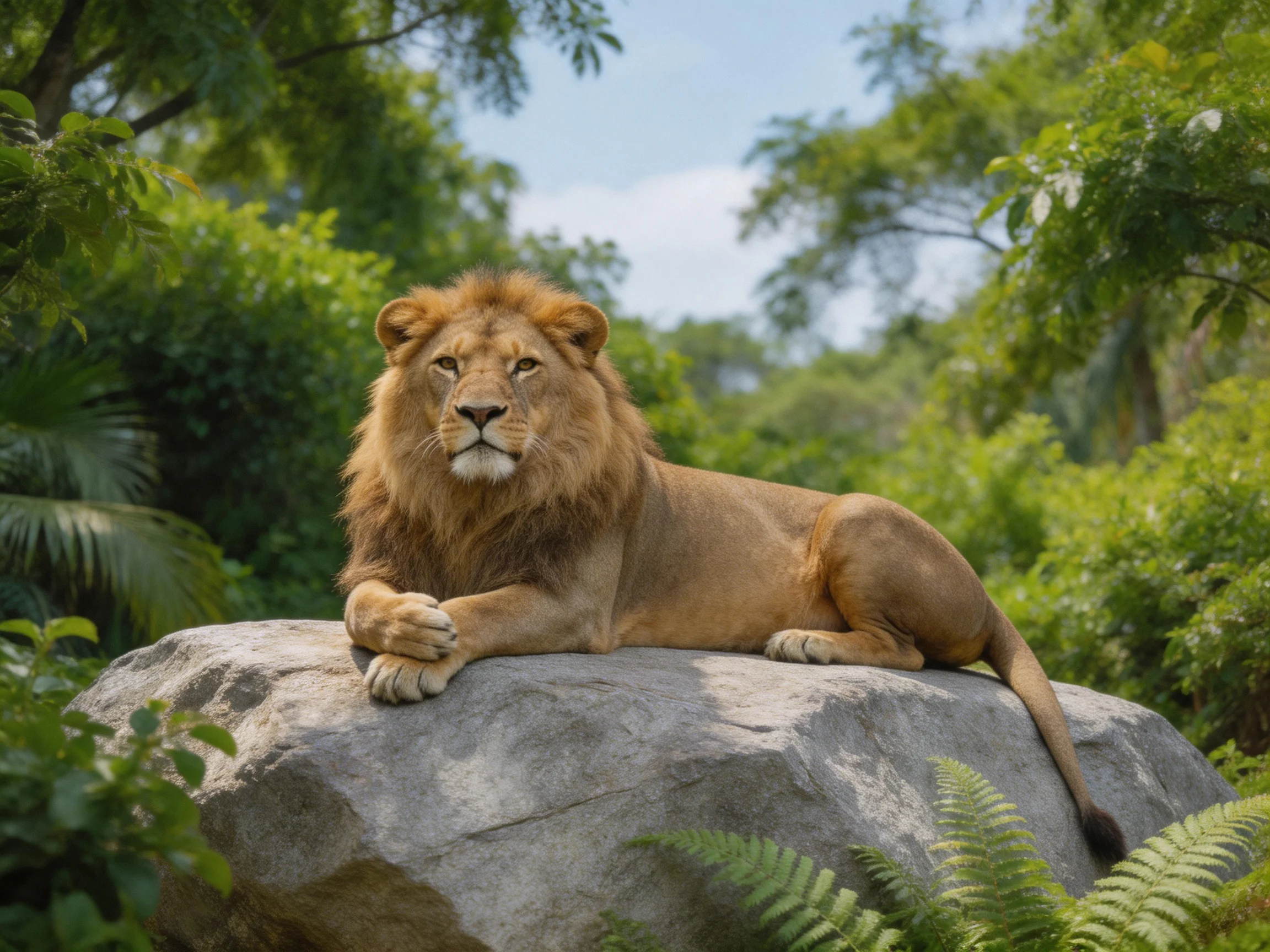 A lion reclines on a rock surrounded by dense greenery.