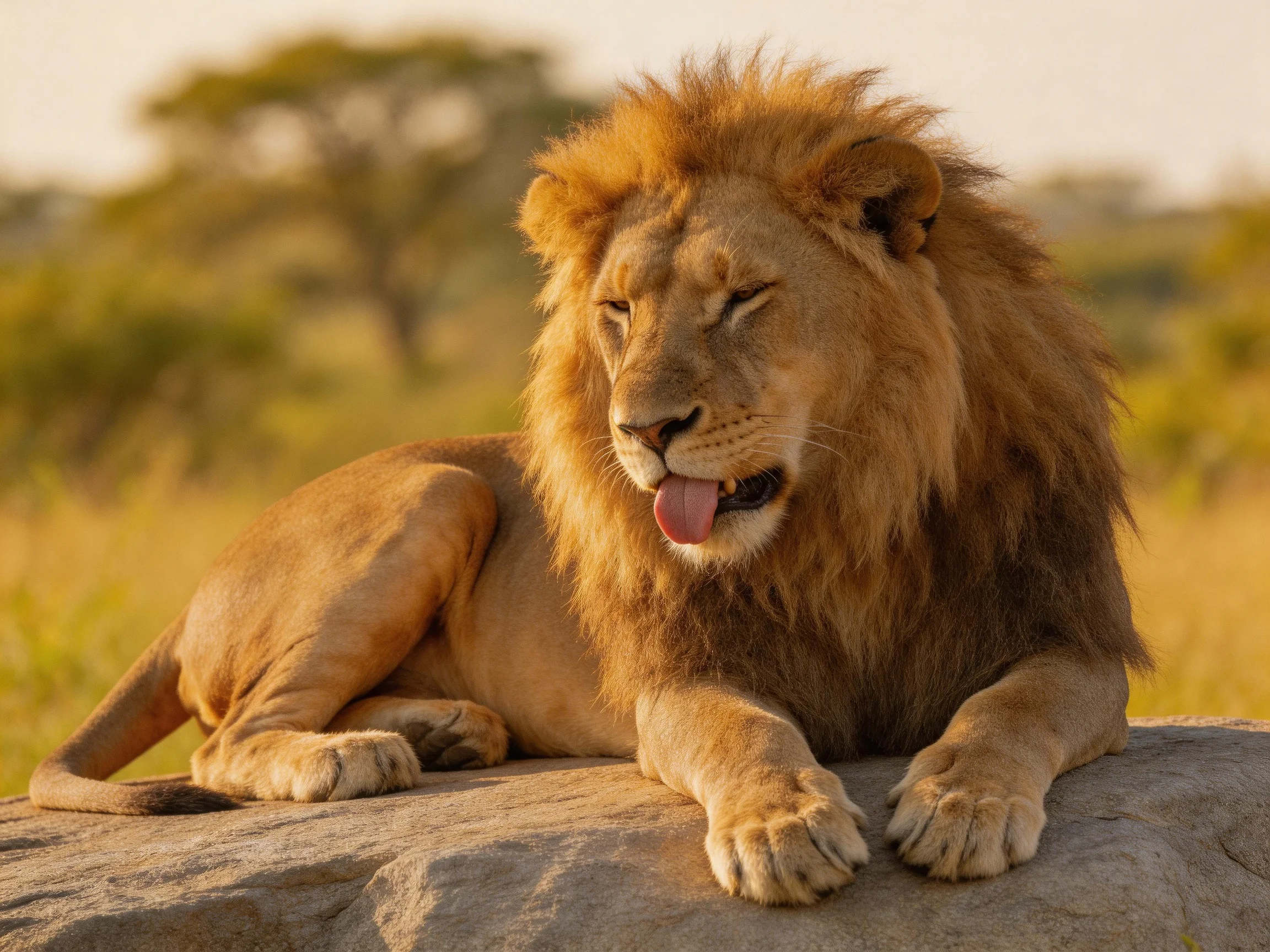 A lion relaxes on a rock in a sunlit savannah landscape.