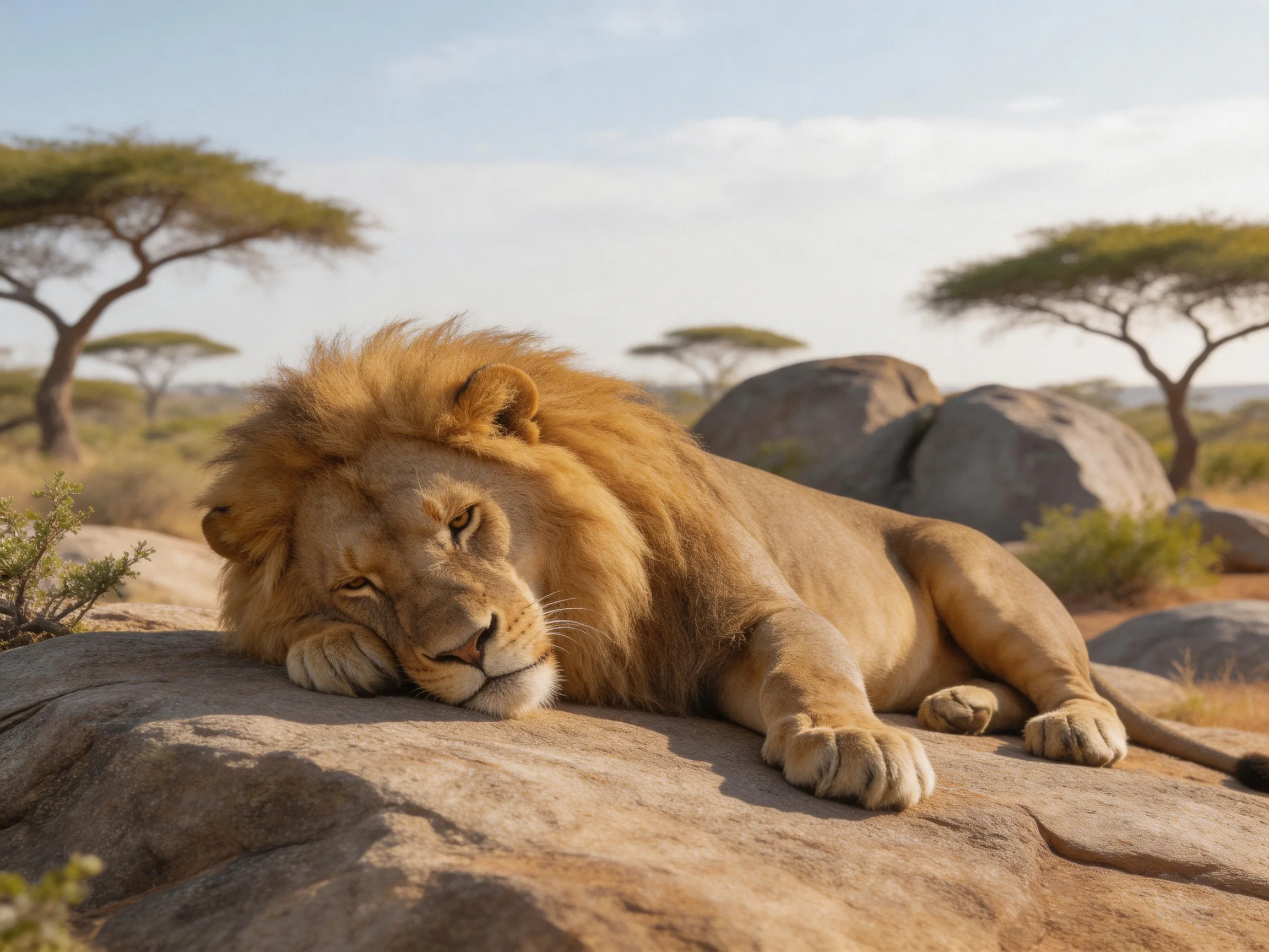 A lion sleeps on a rock in the savannah landscape.