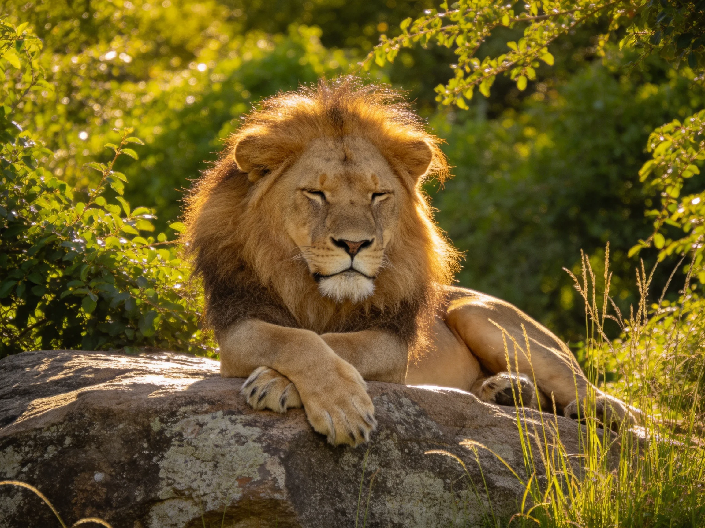 A lion with a thick mane relaxes on a rock in a verdant environment.