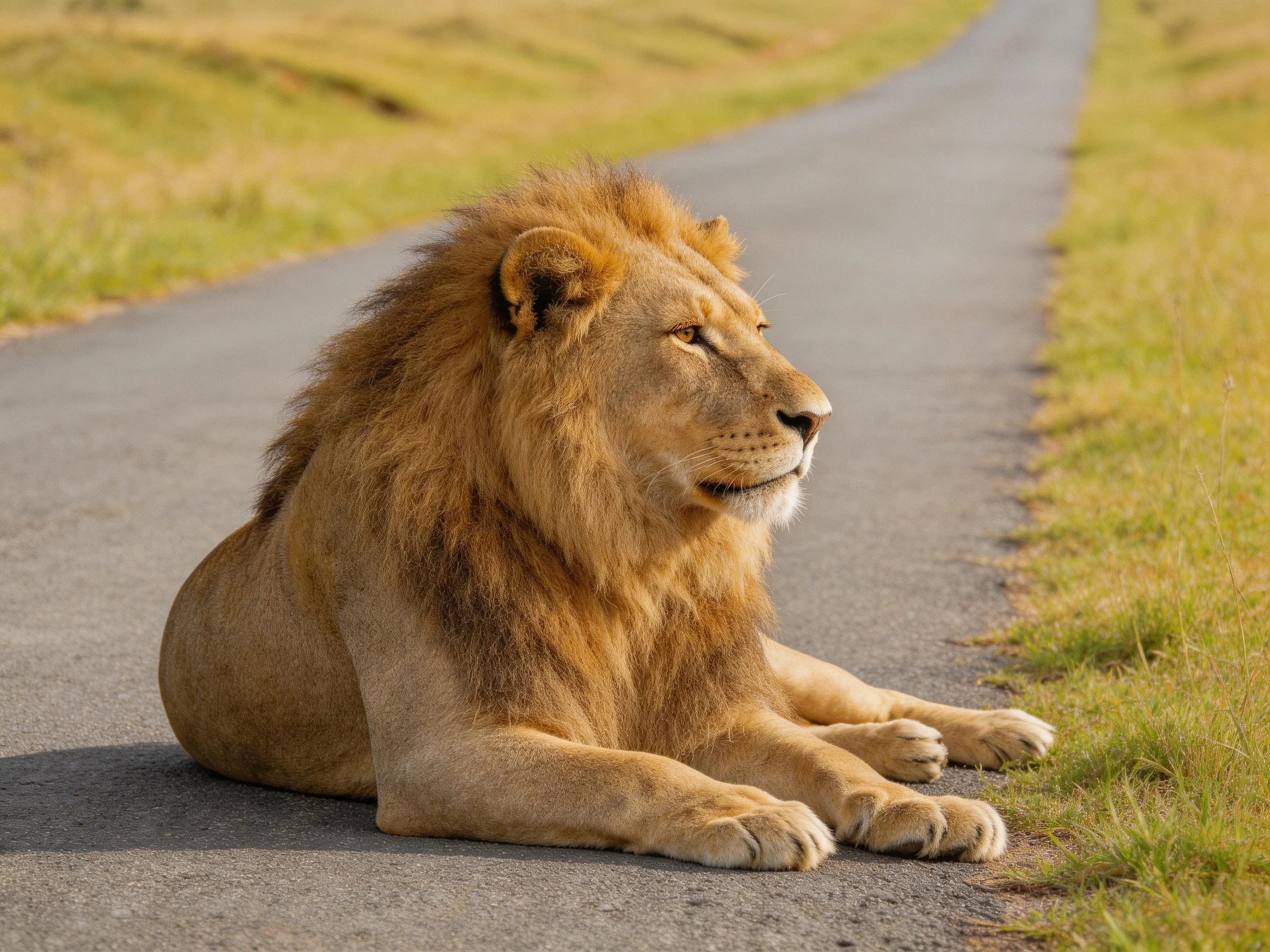 A lion lies calmly on a paved road beside grassy areas.