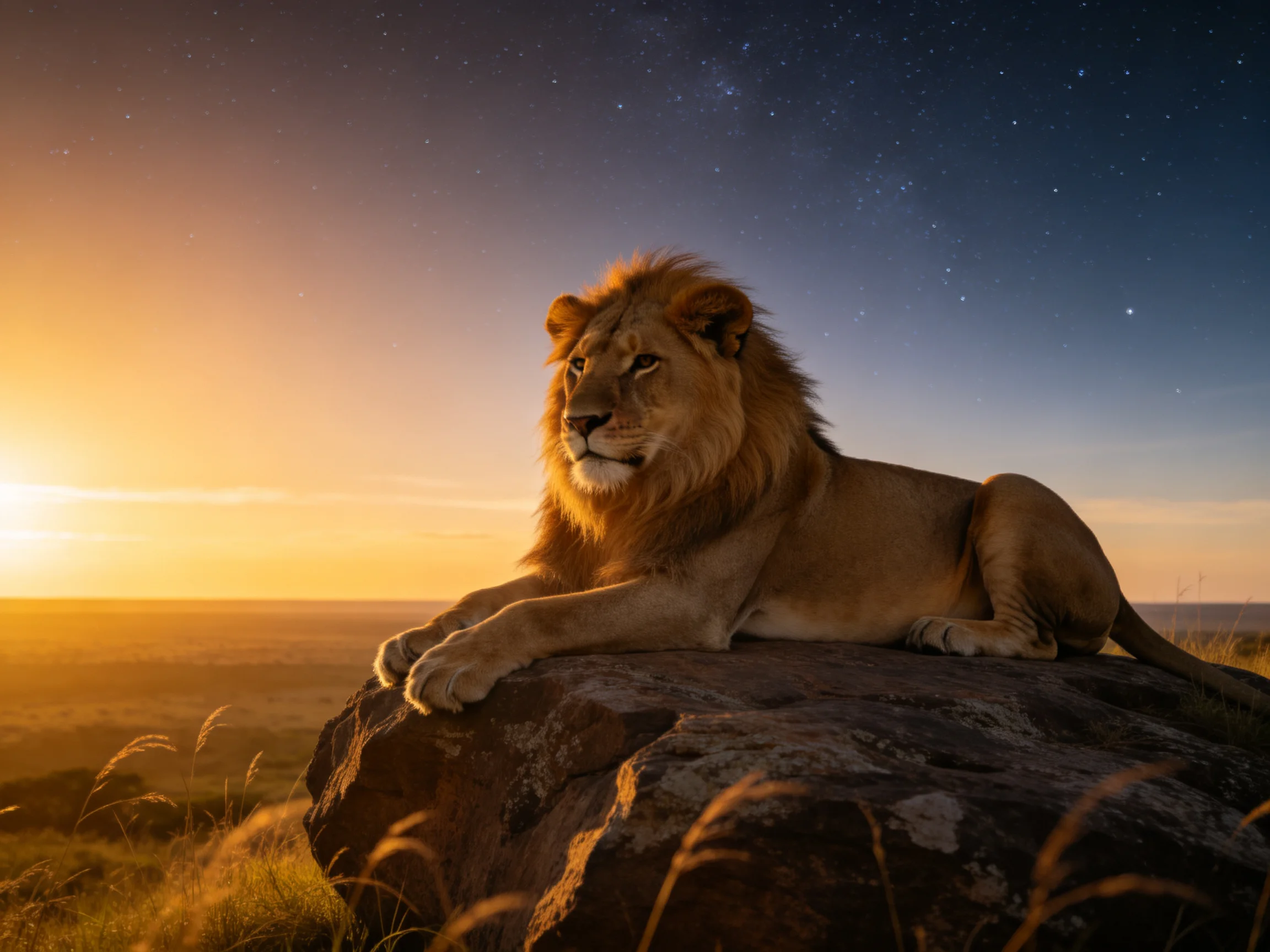 A majestic lion rests on a rocky outcrop beneath twilight skies