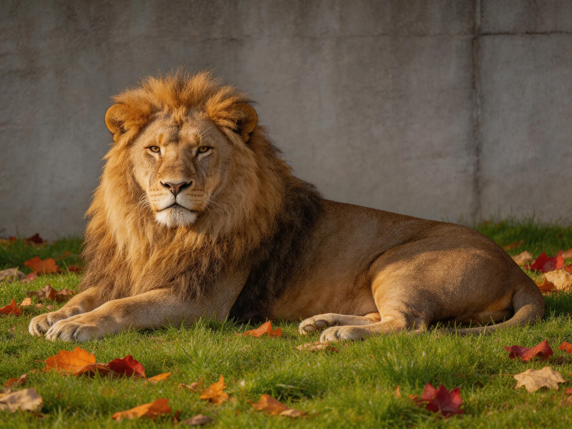 A lion relaxes on grass surrounded by autumn leaves near a concrete wall.