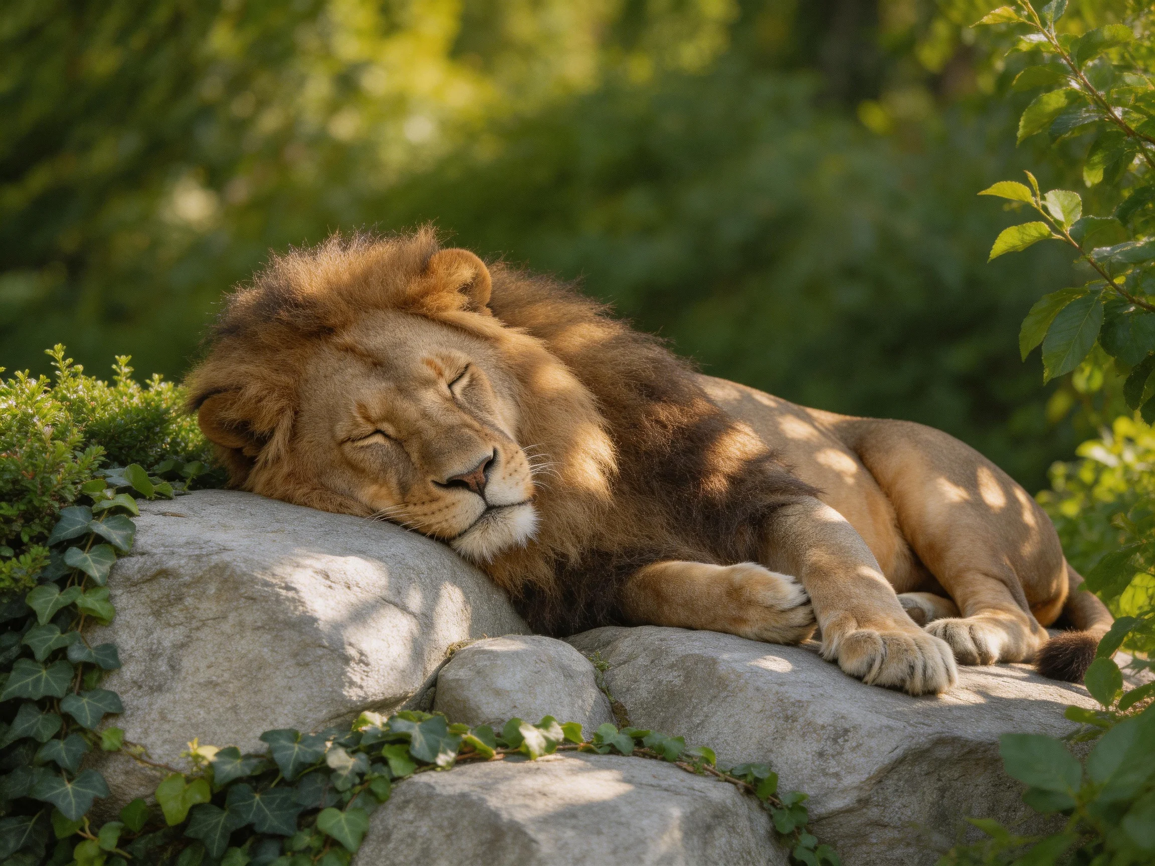 A lion sleeps peacefully on large rocks surrounded by greenery in a sunlit area.