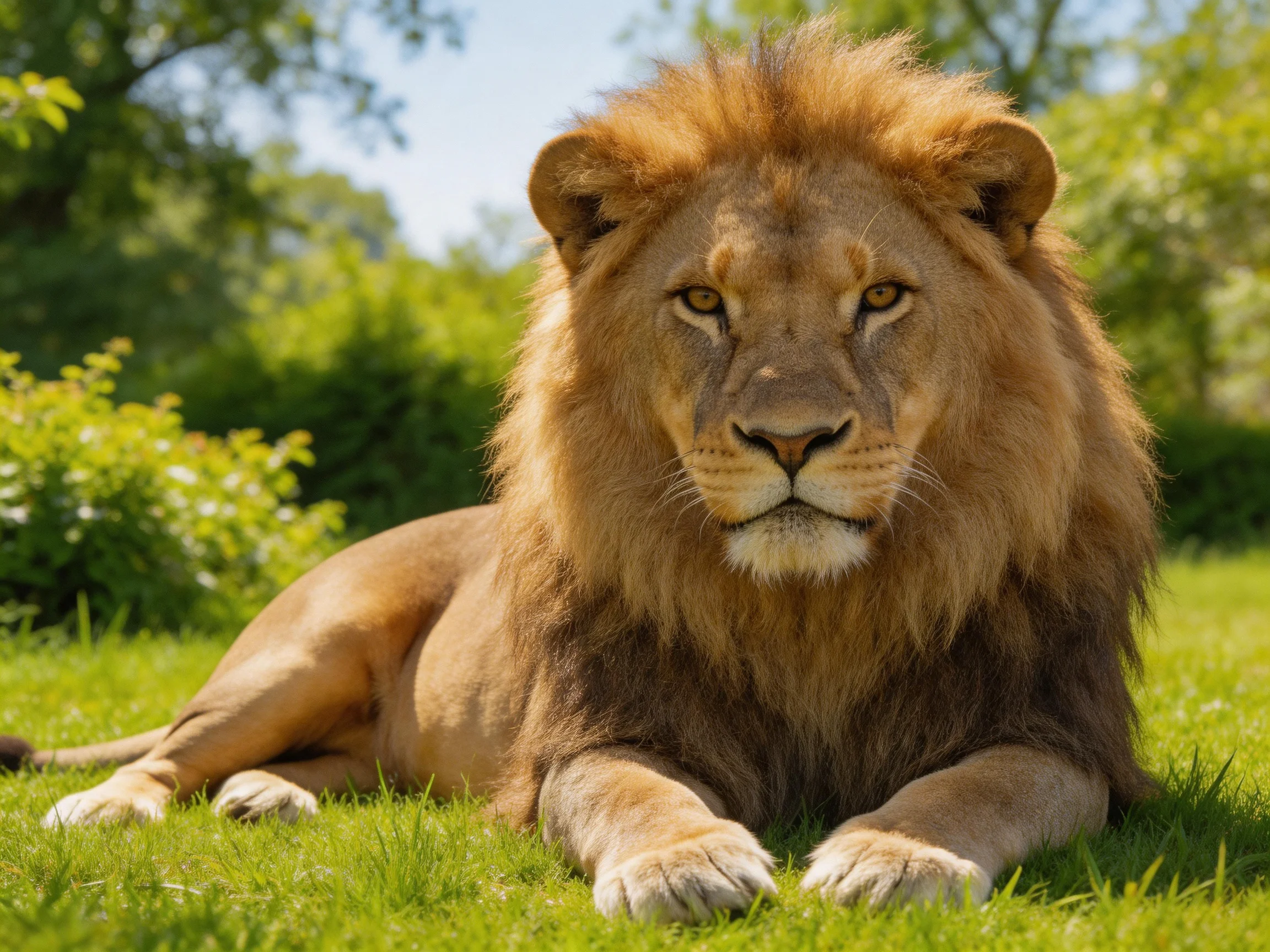 A lion rests on green grass surrounded by greenery