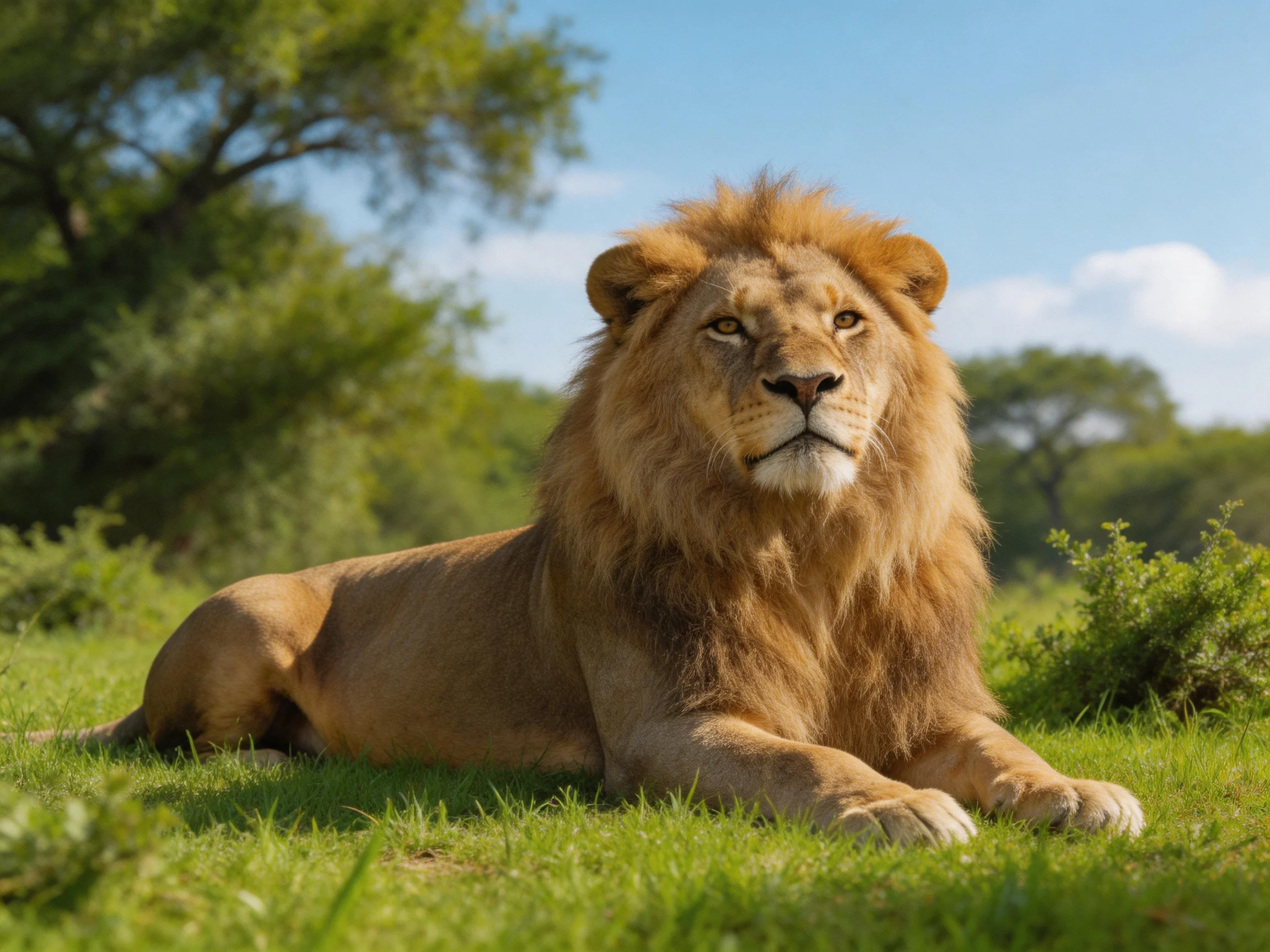 A lion relaxes on grass in a sunlit natural setting