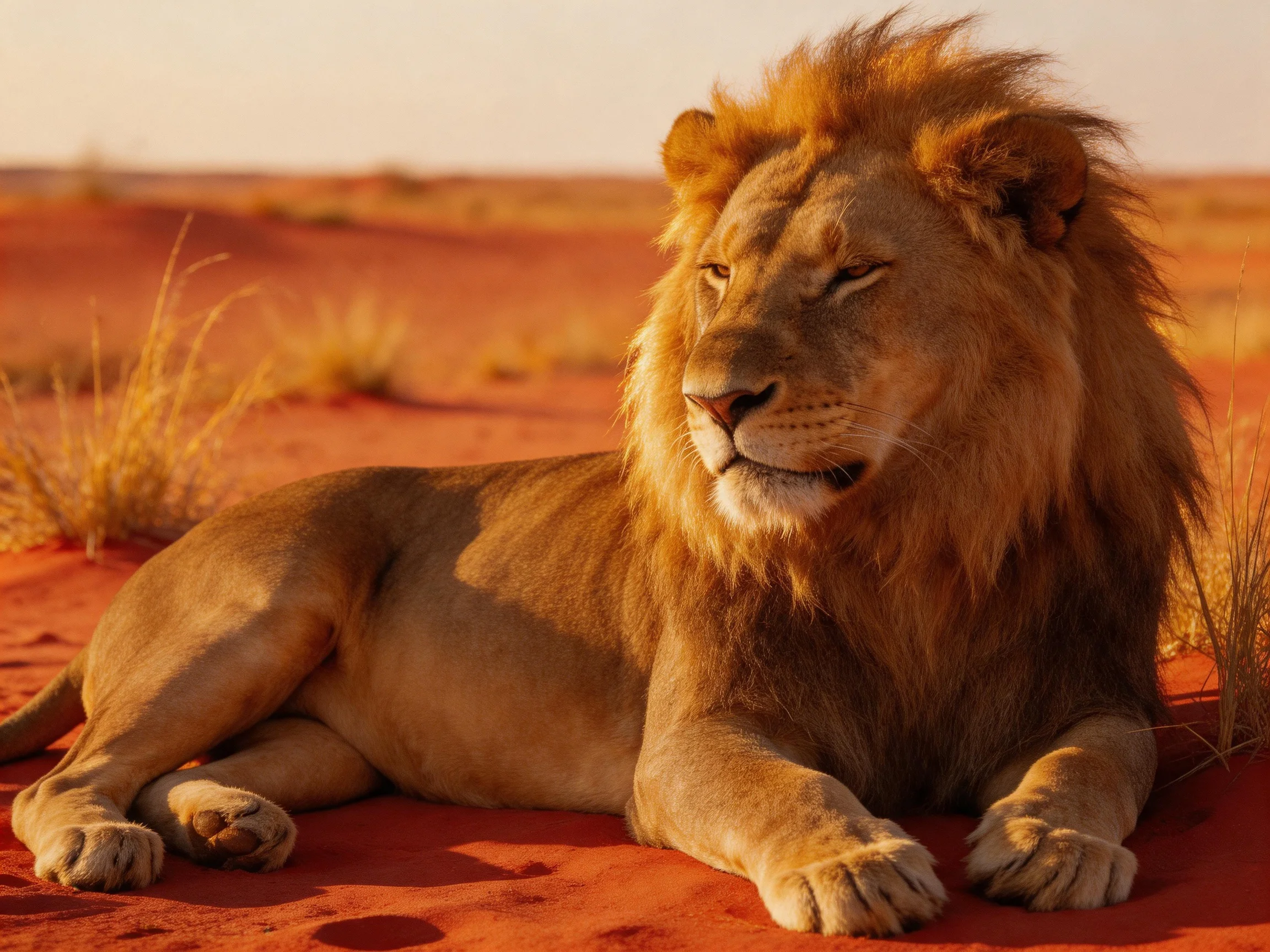 A lion relaxes on red sand in an arid landscape.